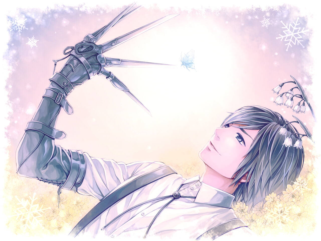Edward Scissorhands 桌布 壁紙 — 一位銀髮的年輕動漫男子躺在雪地花叢中，輕輕舉起機械爪，伸向一隻飛舞的藍色蝴蝶。