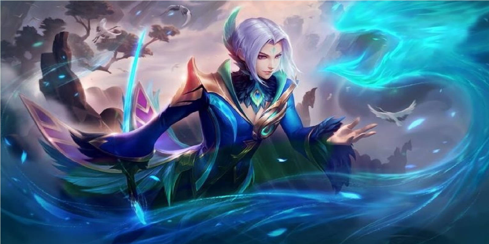Mobile Legends 動態圖 桌布 壁紙 — 一位銀髮的藍袍動畫法師，在旋轉的能量和漂浮的鳥群中，用劍引導發光的青色魔法。