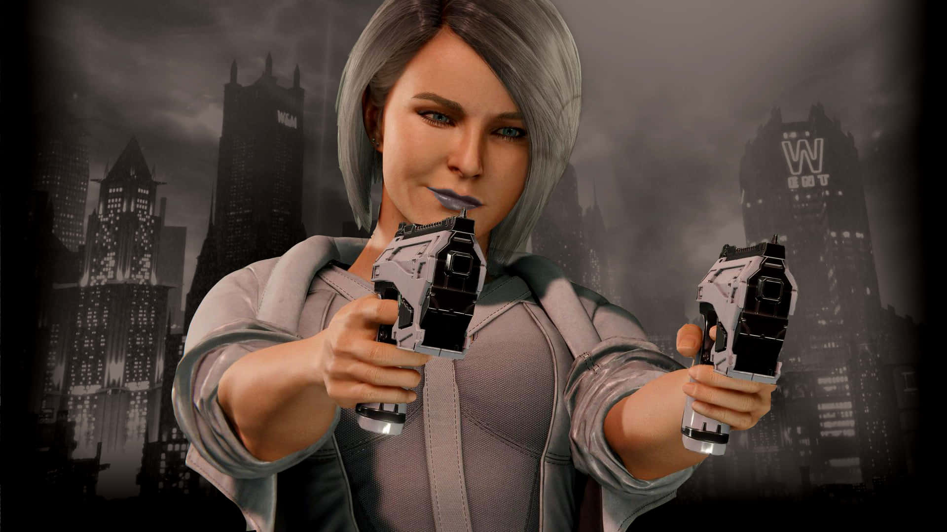 Silver Sable 桌布 壁紙 — 一位銀髮的賽博龐克女性，手持兩把未來風格手槍，瞄準陰暗霓虹燈光下的城市天際線。