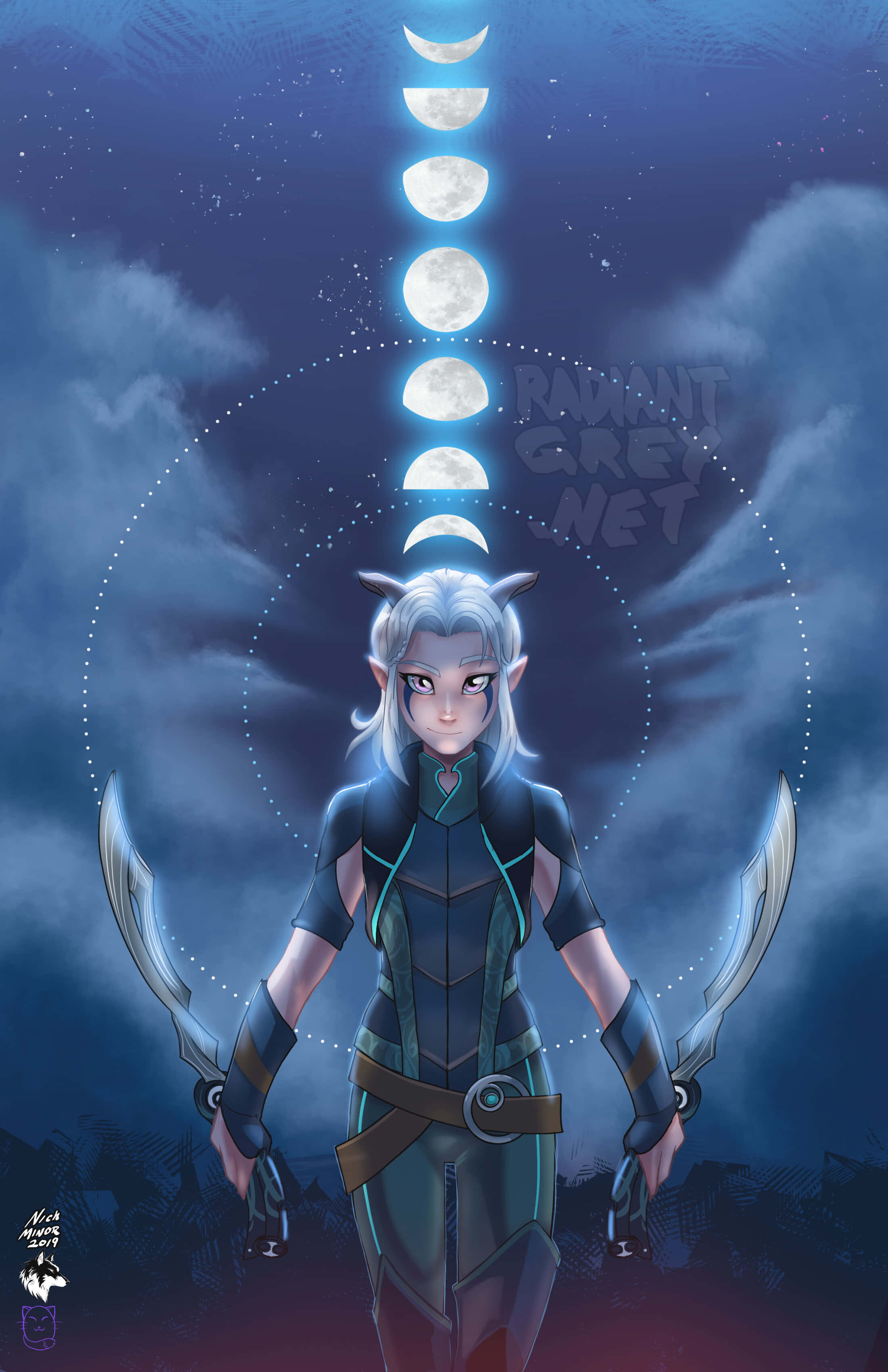 The Dragon Prince 桌布 壁紙 — 一位銀髮精靈戰士站在垂直排列的發光月亮下方，背景是繁星點點的夜空。