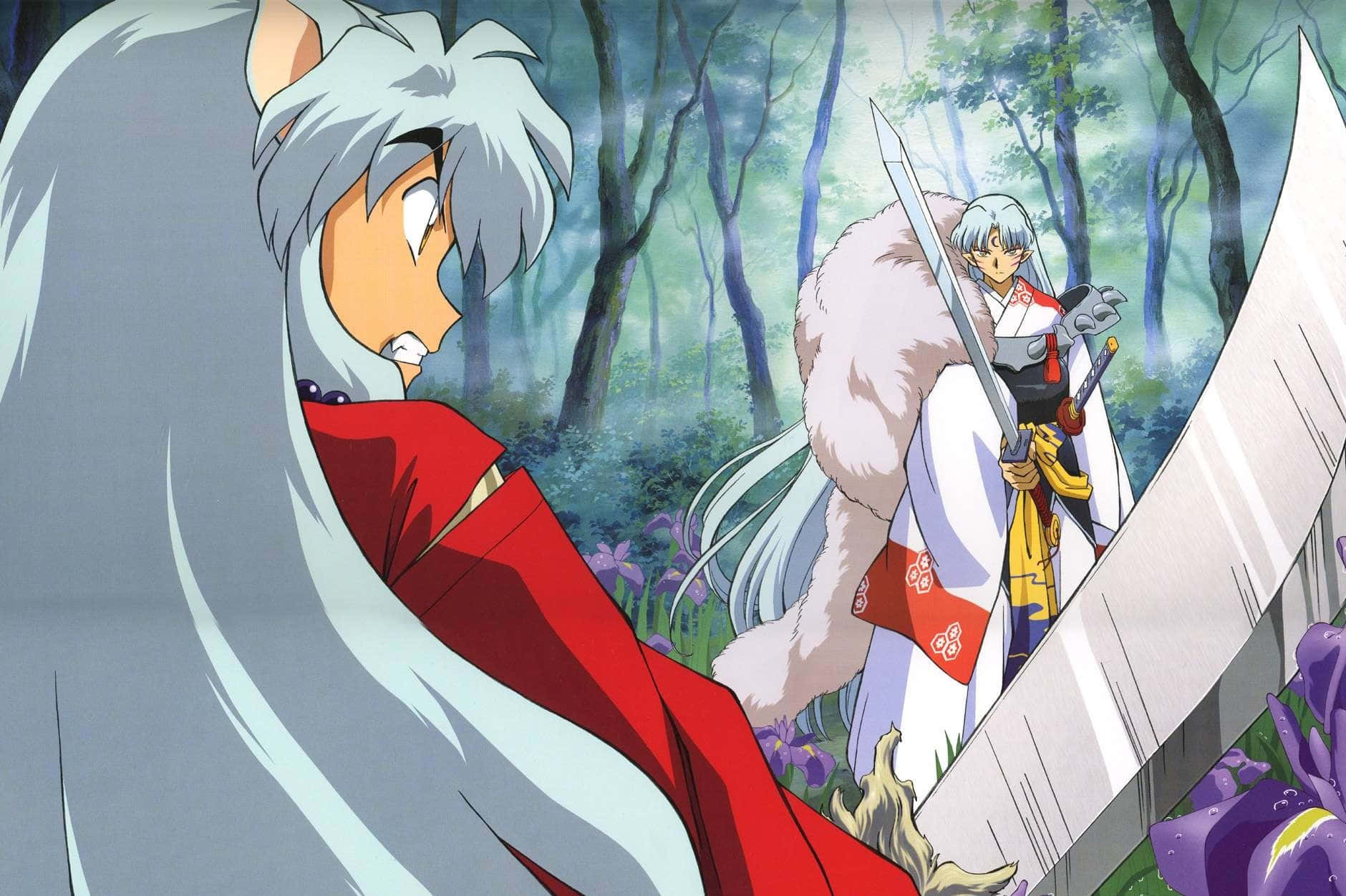 Inuyasha And Sesshomaru 桌布 壁紙 — 一位銀髮紅斗篷的動漫戰士在紫花迷霧森林中與另一位持劍人物對峙。