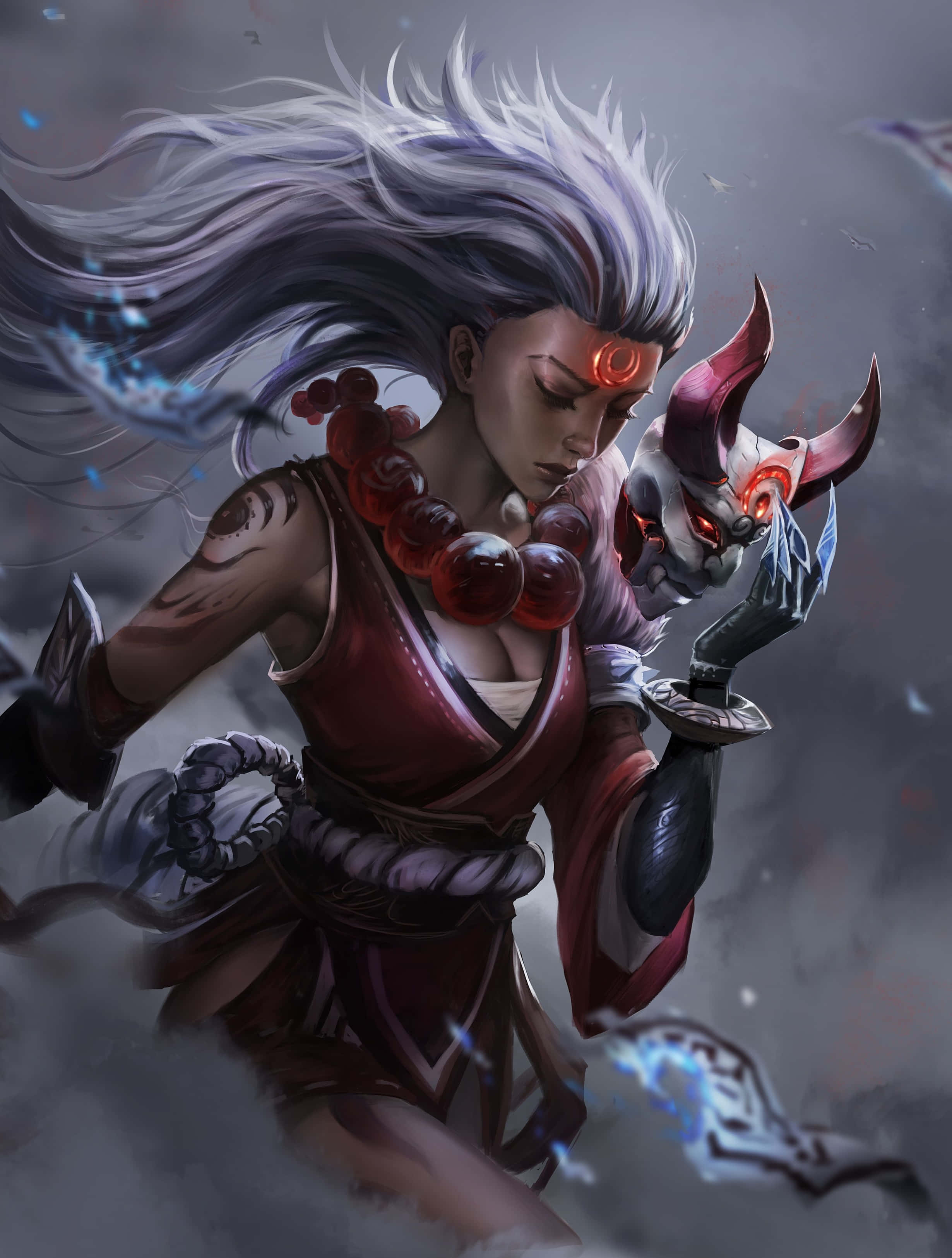 League Of Legends Phone 桌布 壁紙 — 一位銀髮紅甲的兇猛戰士手持惡魔面具，藍色能量在暴風雨般的灰色虛空中圍繞她旋轉。