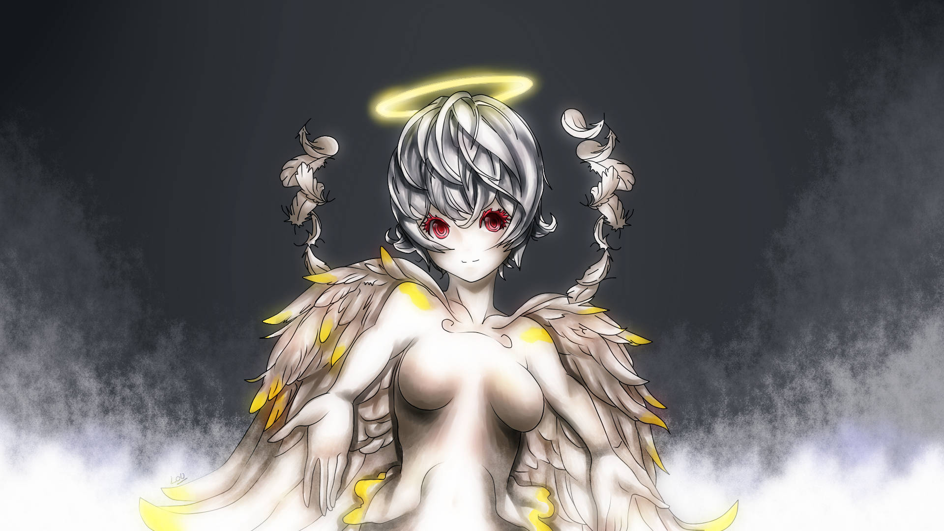 End 桌布 壁紙 — 一位銀髮紅眼、帶有發光光環的動漫天使，長著羽毛翅膀，站在迷霧雲層中。