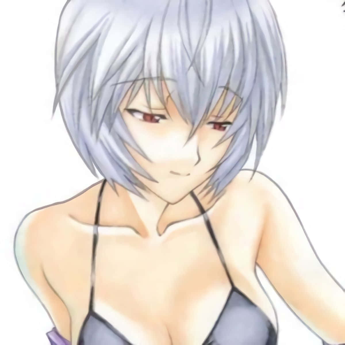rei ayanami 桌布 壁紙 — 一位銀髮紅眼、帶著微妙笑容的動漫女孩，在純白背景前穿著深色比基尼上衣。