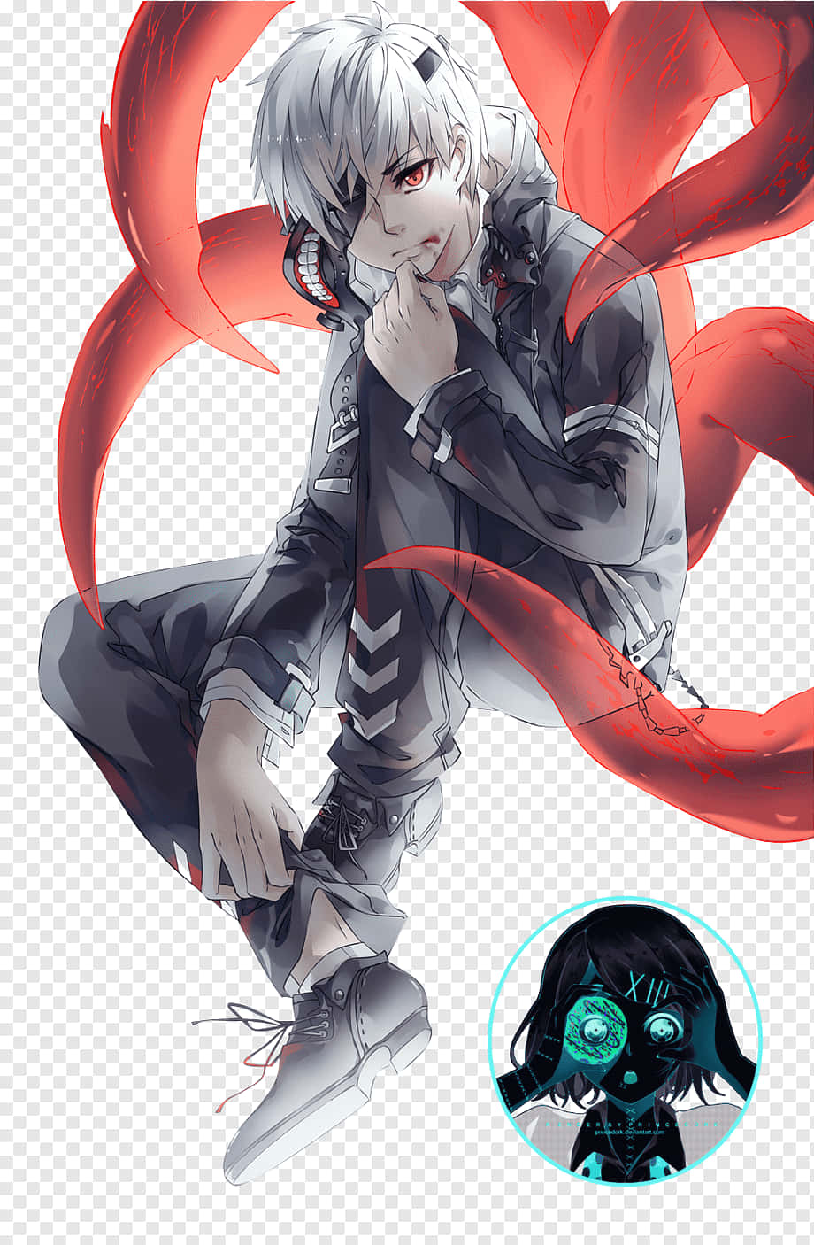 Ken Kaneki 桌布 壁紙 — 一位銀髮紅眼、戴著機械面具的動畫男孩，坐在飄動的紅色絲帶環繞中，旁邊有一個發光眼睛的小女孩在圓圈內。