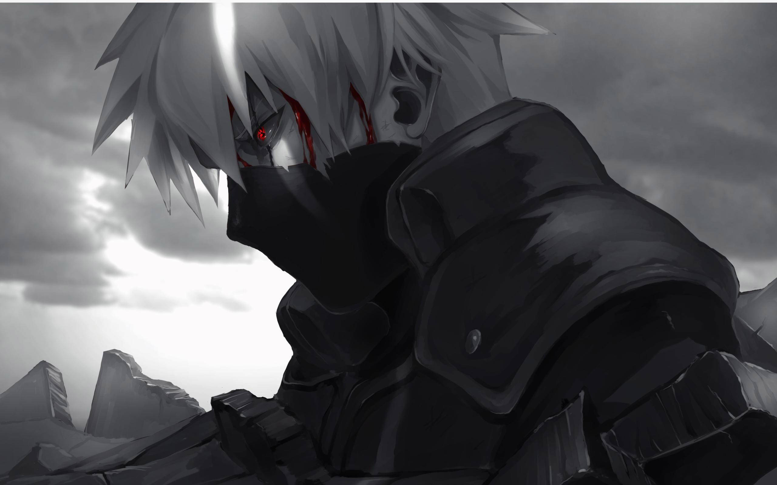 kakashi pfp 桌布 壁紙 — 一位銀髮紅眼、臉上帶有血痕的動漫戰士，站在暴風雨天空下的荒涼岩石景觀中。