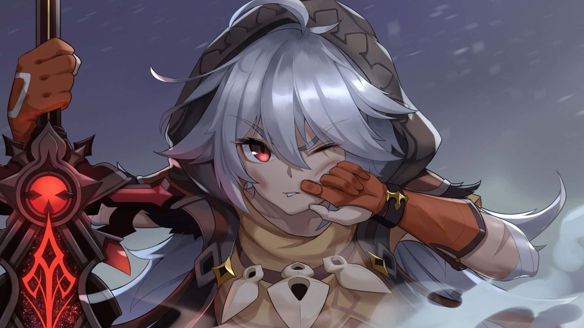 Genshin Impact Characters 桌布 壁紙 — 一位銀髮紅眼的動漫戰士在暴風雨灰暗的天空下，手持發光的紅色武器眨眼。