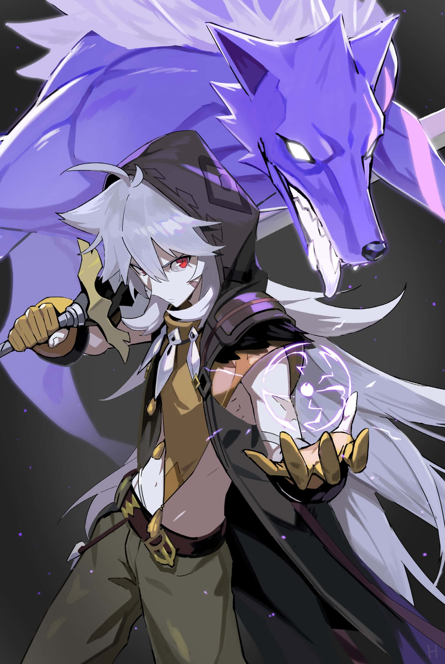 Genshin Impact Bennett 桌布 壁紙 — 一位銀髮紅眼的動漫戰士揮舞劍同時召喚魔法，伴隨著一隻雄偉的紫色狼，背景是星光閃爍的黑暗夜空。