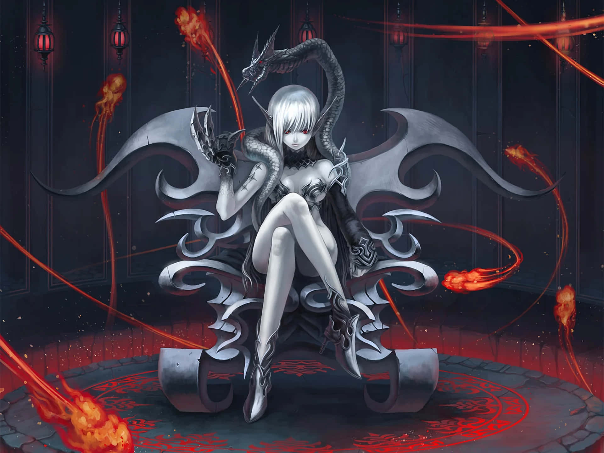 Dark Queen 桌布 壁紙 — 一位銀髮紅眼的動畫惡魔女皇，在黑暗哥德式房間中，端坐在華麗的王座上，周圍環繞著火紅色的能量漩渦。