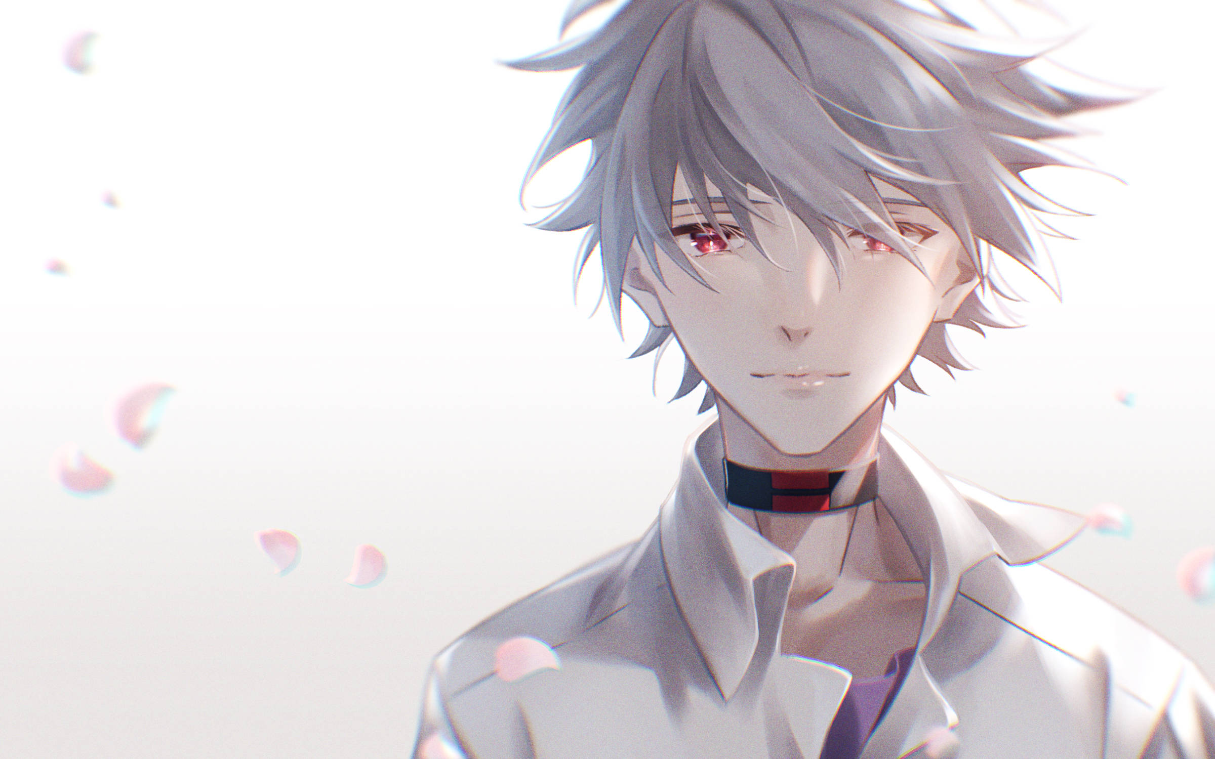 kaworu nagisa 桌布 壁紙 — 一位銀髮紅眼的寧靜動漫男性，在明亮的白色空間中，粉紅花瓣飄落在他周圍，他溫柔地凝視著。
