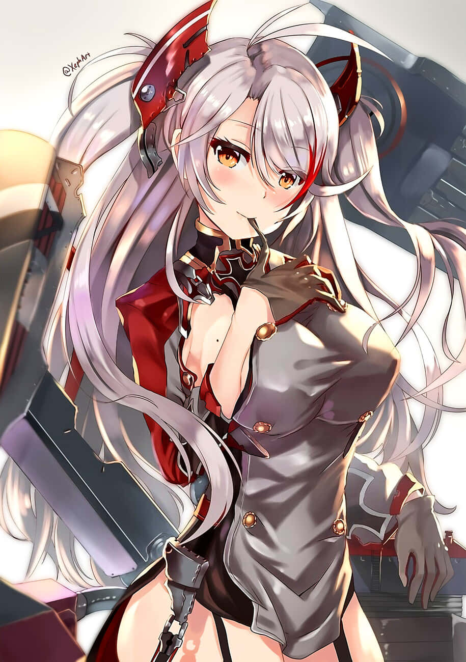 Anime Girl Aesthetic 桌布 壁紙 — 一位銀髮紅角的動漫女孩，穿著紅灰色服裝，在機械背景前自信地擺姿勢。