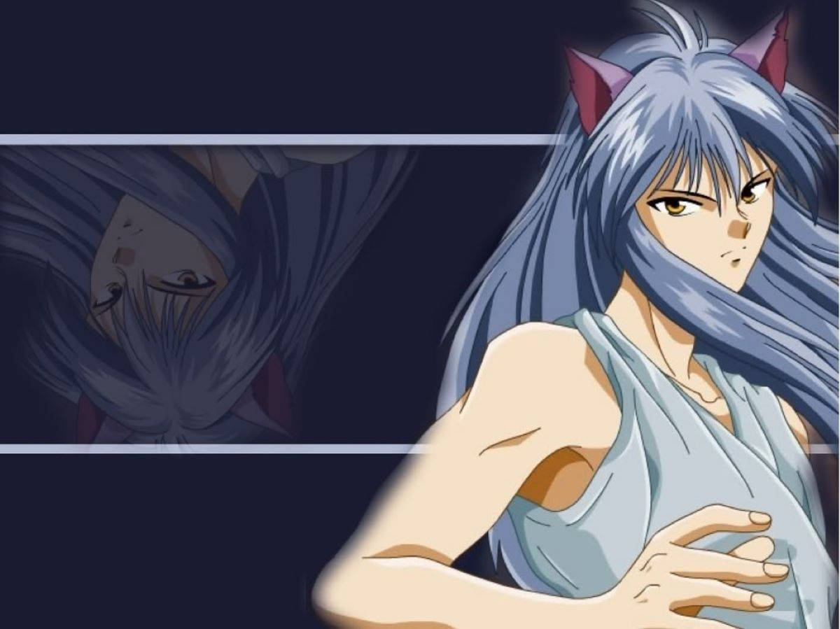 Kurama 桌布 壁紙 — 一位銀髮紅貓耳的動畫女孩，背後出現模糊的自己面孔，她正專注地凝視。