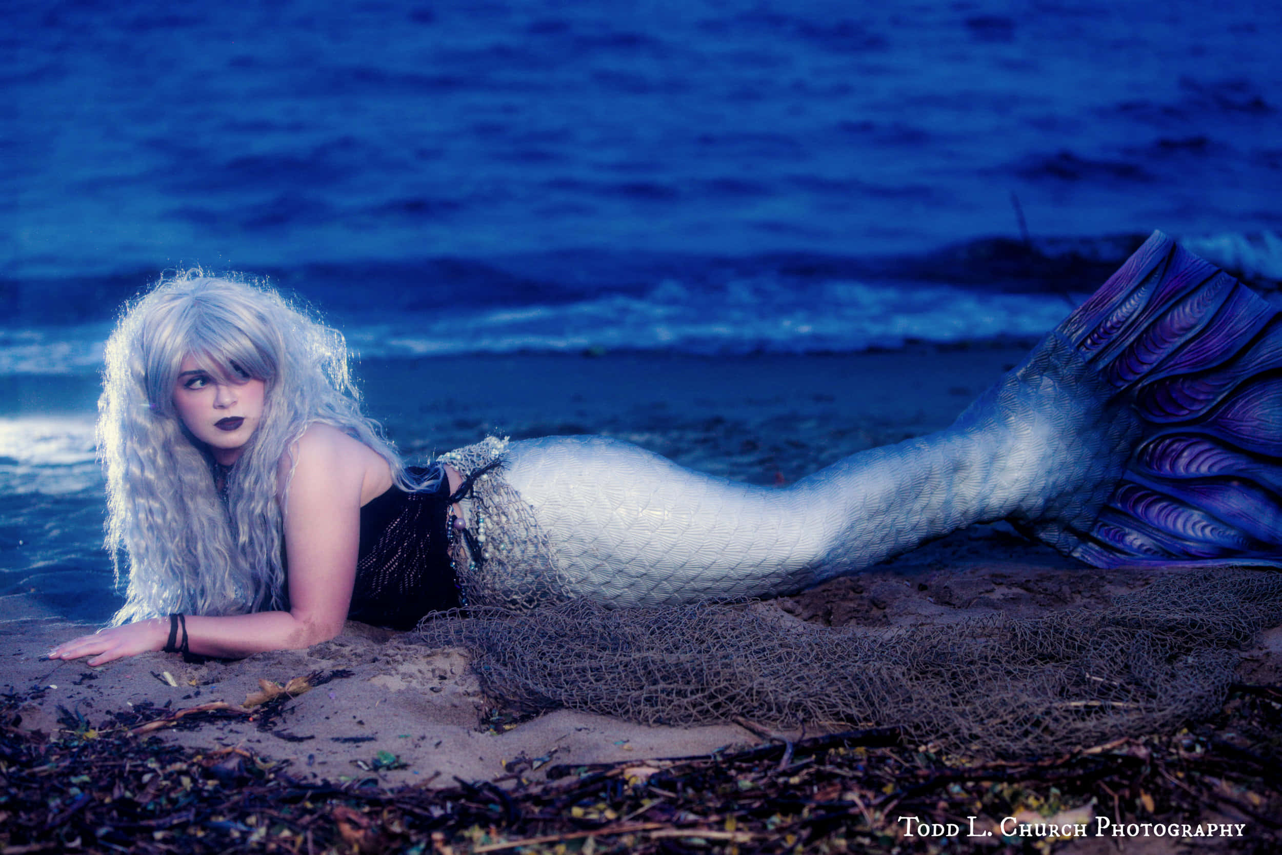 Real Mermaid 桌布 壁紙 — 一位銀髮紫尾的美人魚在暮色中的黑暗海灘上休息，凝視著相機。