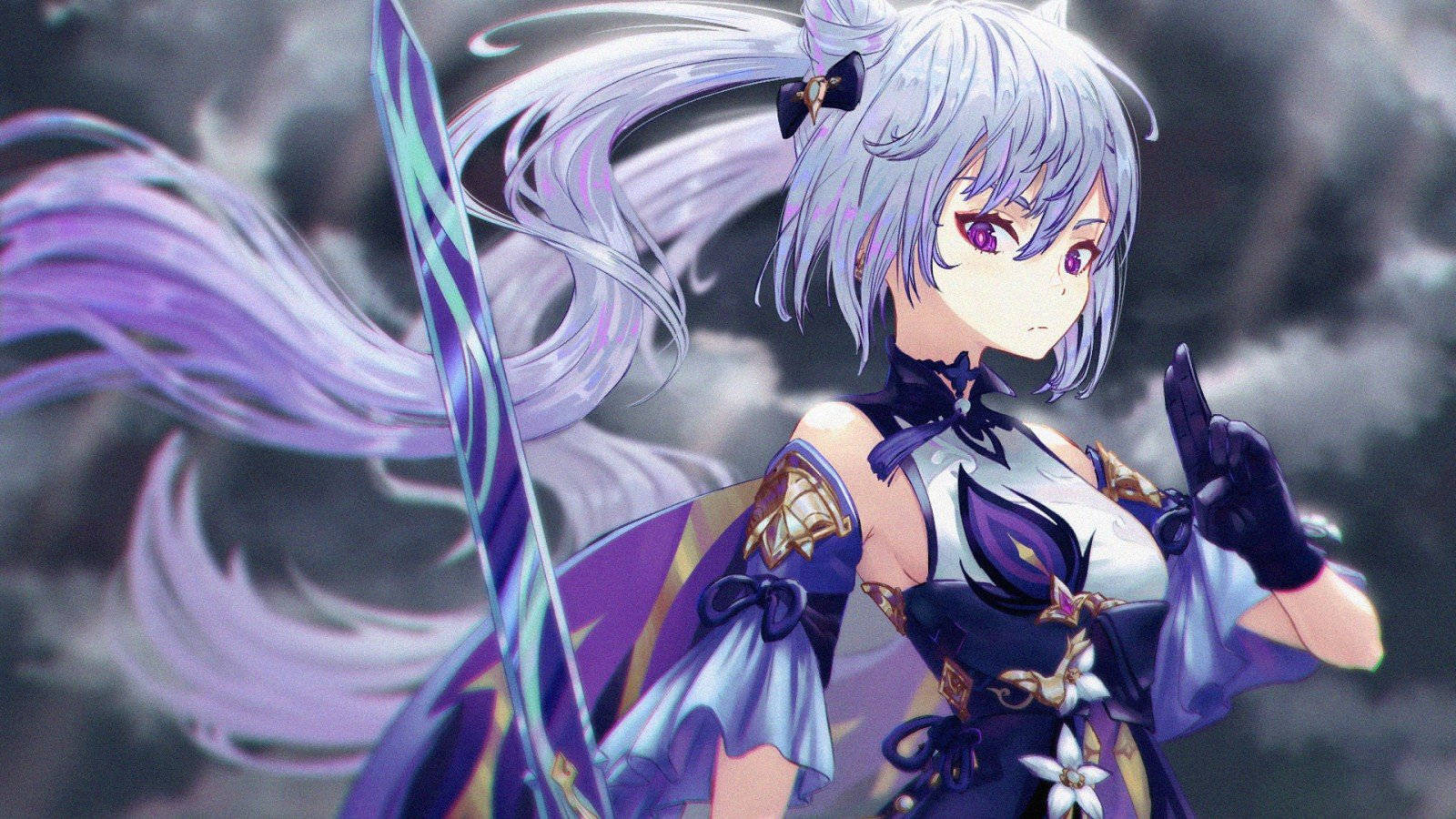 Genshin 桌布 壁紙 — 一位銀髮紫瞳的動漫少女在暴風雨的天空背景下揮舞著發光的劍。