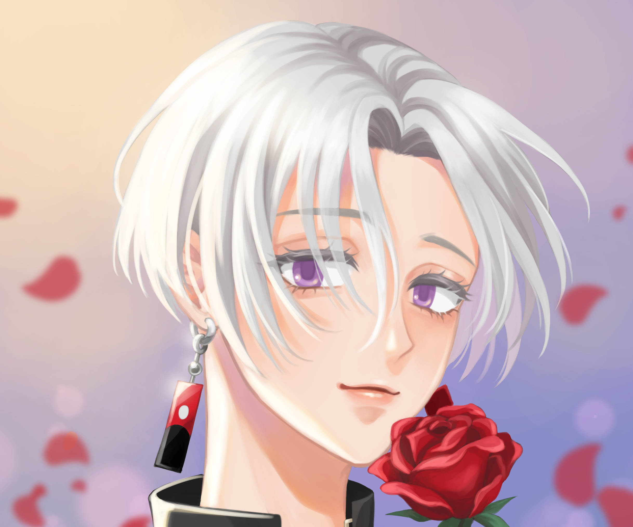 izana kurokawa 桌布 壁紙 — 一位銀髮紫瞳的動漫角色，在柔和粉彩背景與飄浮花瓣中，輕輕手持一朵紅玫瑰。
