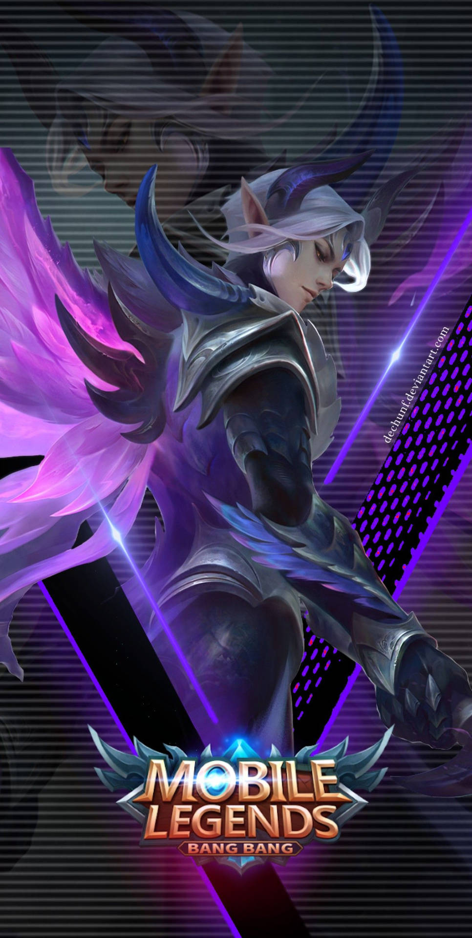 動漫遊戲角色，擁有紫色翅膀和發光盔甲，在霓虹數位背景中。 — Mobile Legends 動態圖 壁紙