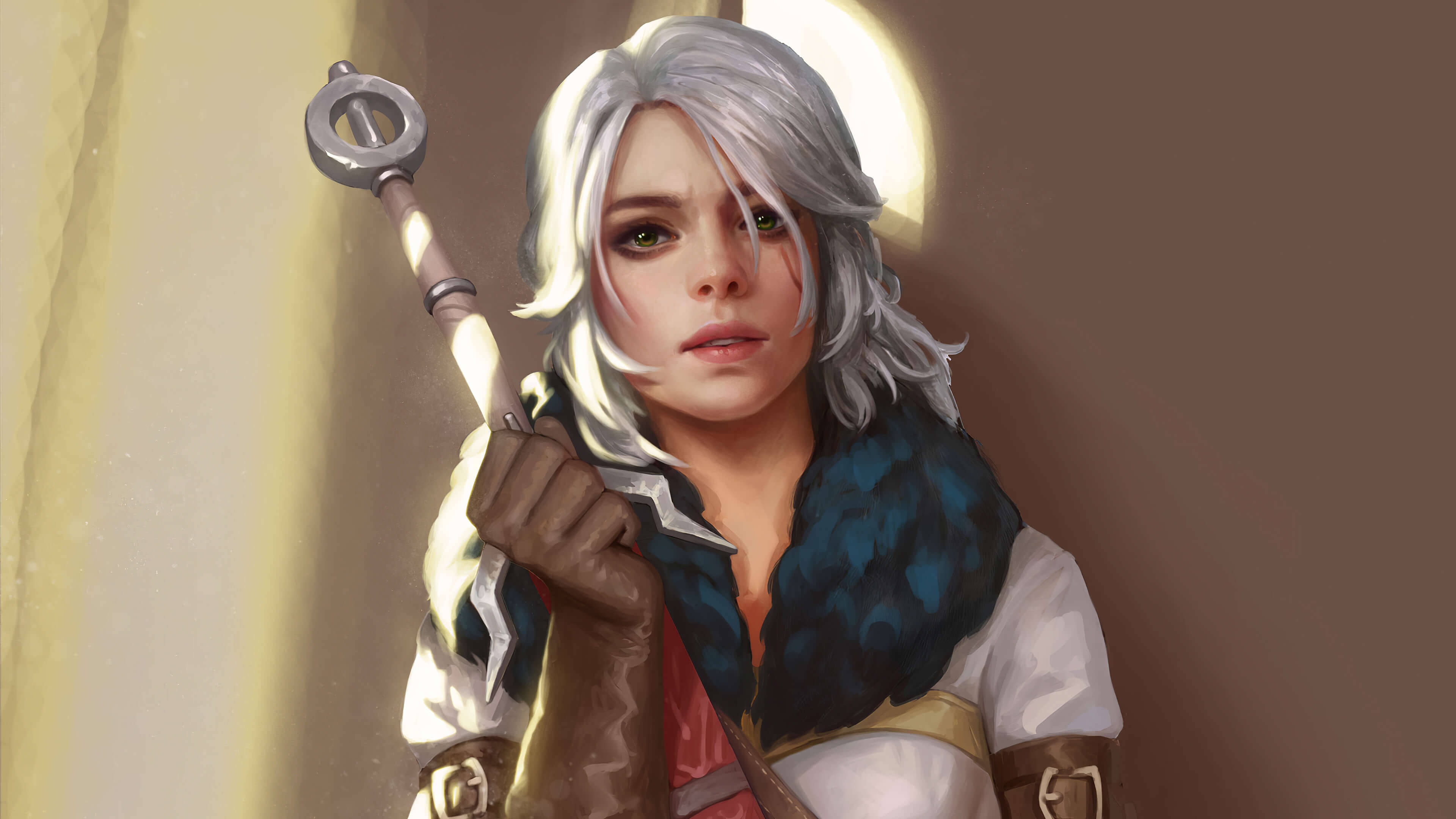 witcher 4K 桌布 壁紙 — 一位銀髮綠眼的奇幻戰士，在柔和溫暖的光線中，手持法杖，背景柔和。