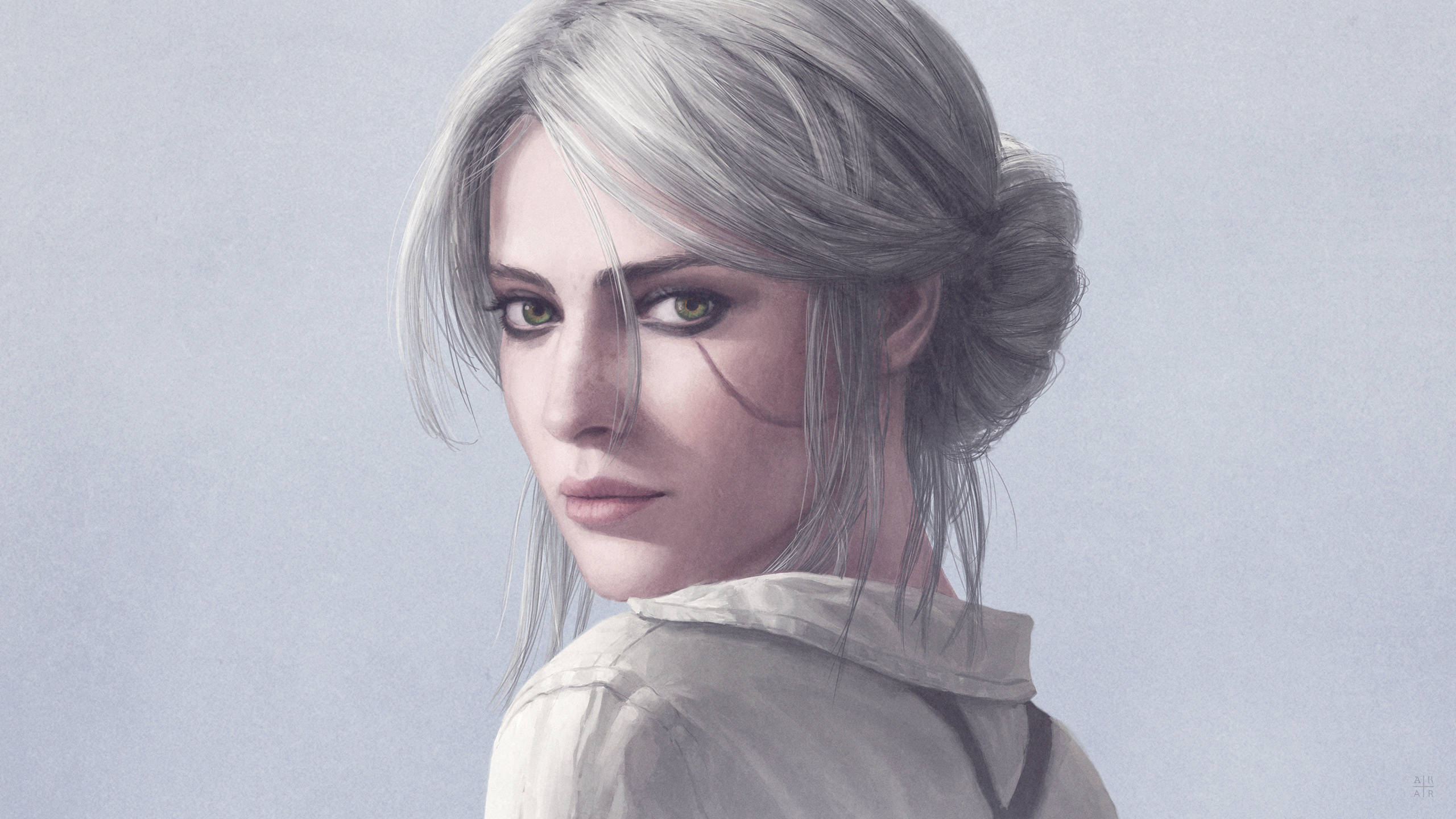 The Witcher 3 桌布 壁紙 — 一位銀髮綠眼的女性在柔和的灰色背景上回頭凝視。