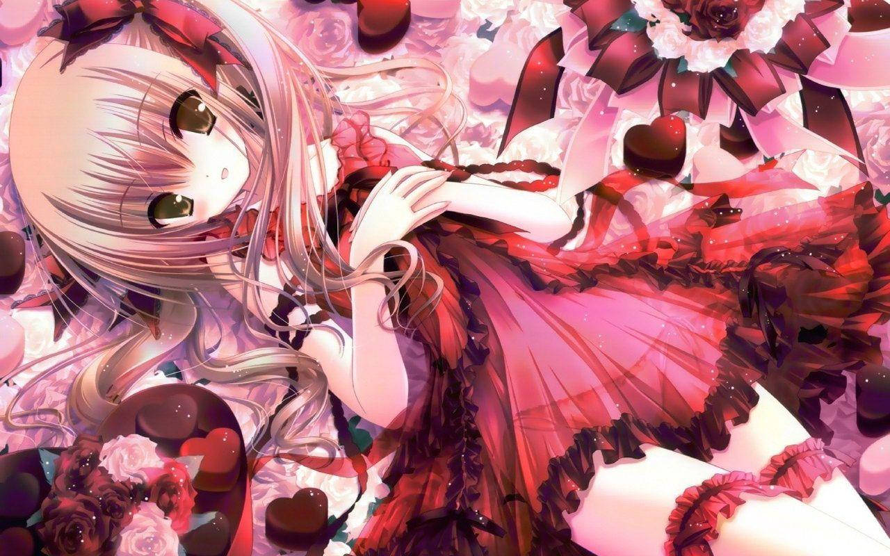 Red Anime 桌布 壁紙 — 一位銀髮綠眼的精緻動漫女孩，躺在紅白玫瑰和心形巧克力的瀑布中，營造出夢幻浪漫的場景。