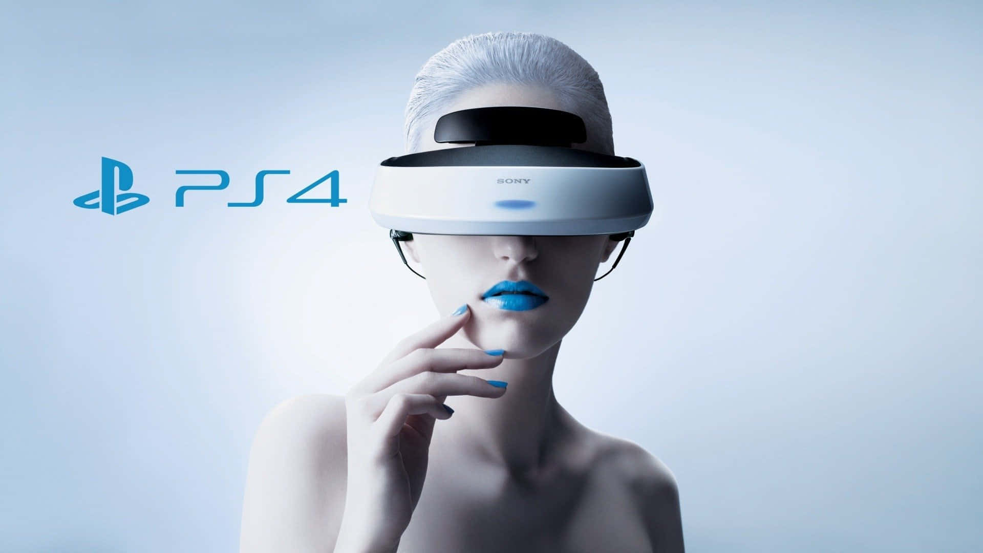 在攝影棚環境中，佩戴PlayStation VR頭戴式裝置、藍唇銀髮的女性。 — Ps4 壁紙