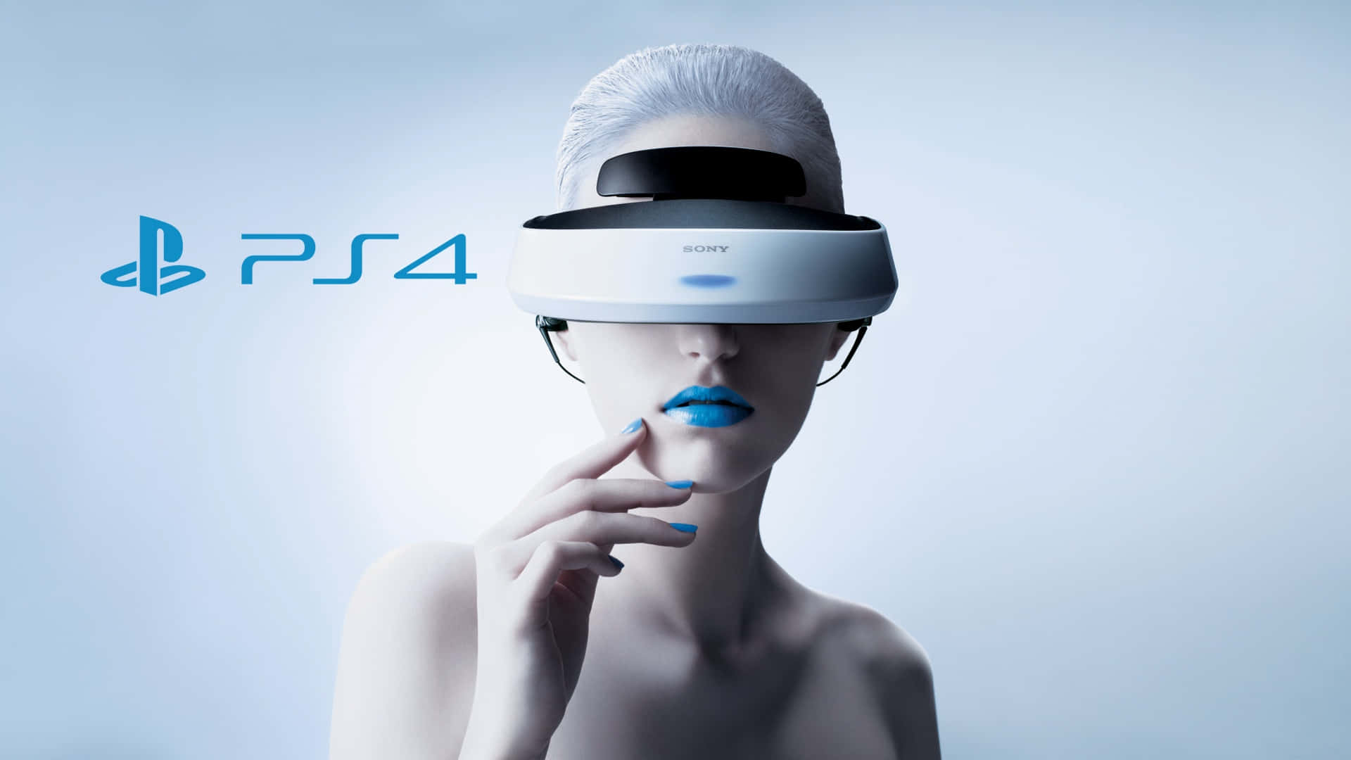 女性在工作室環境中戴著PlayStation VR頭戴式裝置，藍唇銀髮。 — Ps4 壁紙