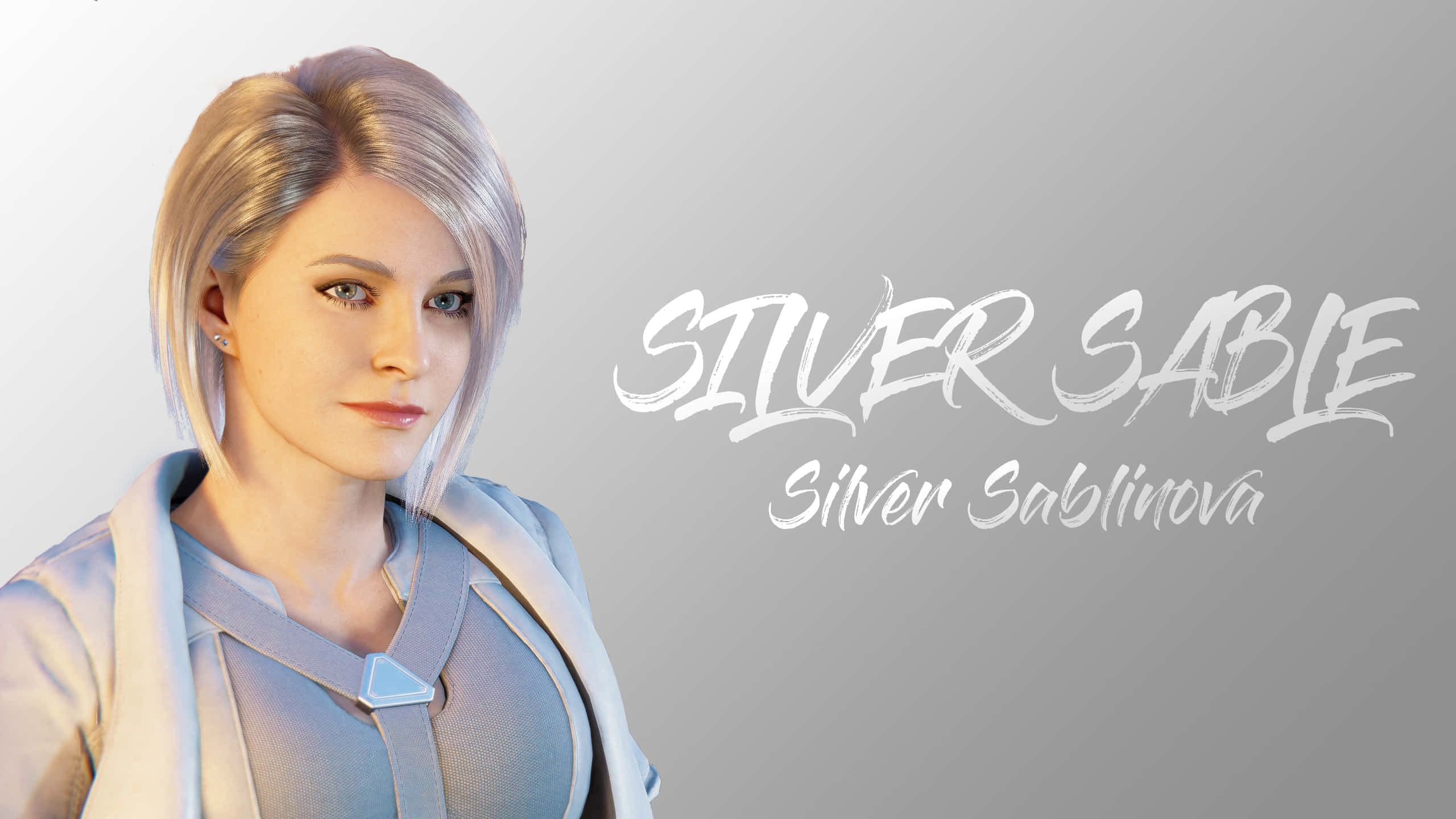 Silver Sable 桌布 壁紙 — 一位銀髮藍眼的優雅女性，身穿淺藍色未來風格服裝，背景是柔和的灰色漸變。