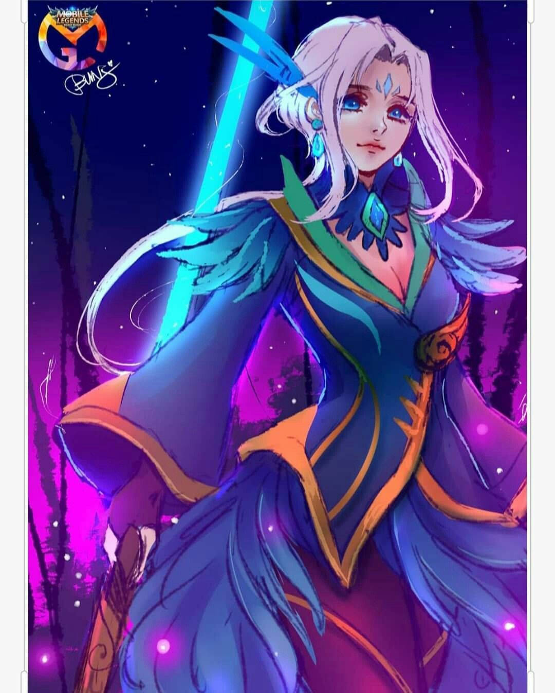 Mobile Legends 動態圖 桌布 壁紙 — 一位銀髮藍眼的發光動畫法師，在星光點點的紫色森林中揮舞著一把光芒四射的劍。