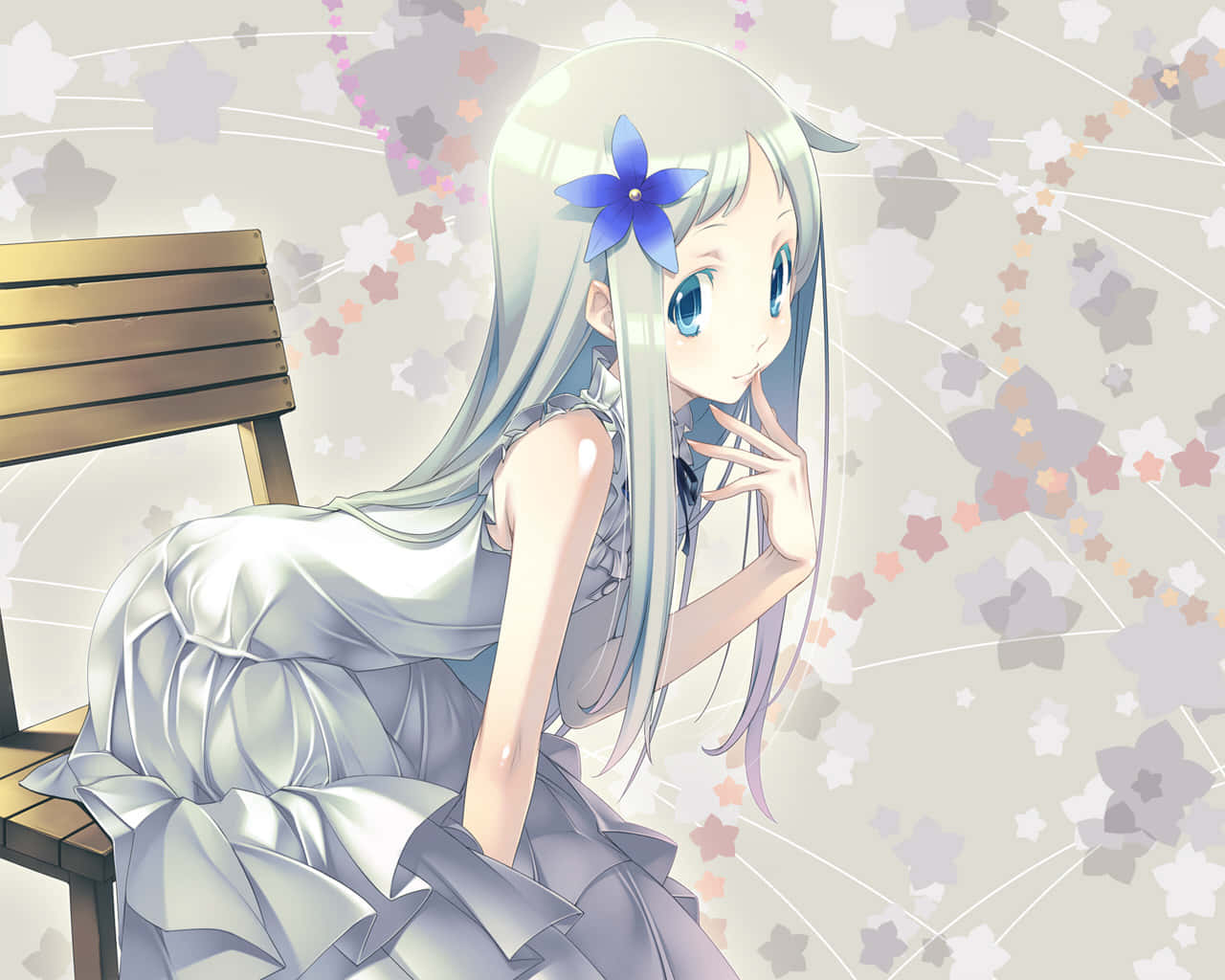 Anohana 桌布 壁紙 — 一位銀髮藍花的寧靜動漫女孩坐在木長椅上，周圍環繞著漂浮的星星圖案。