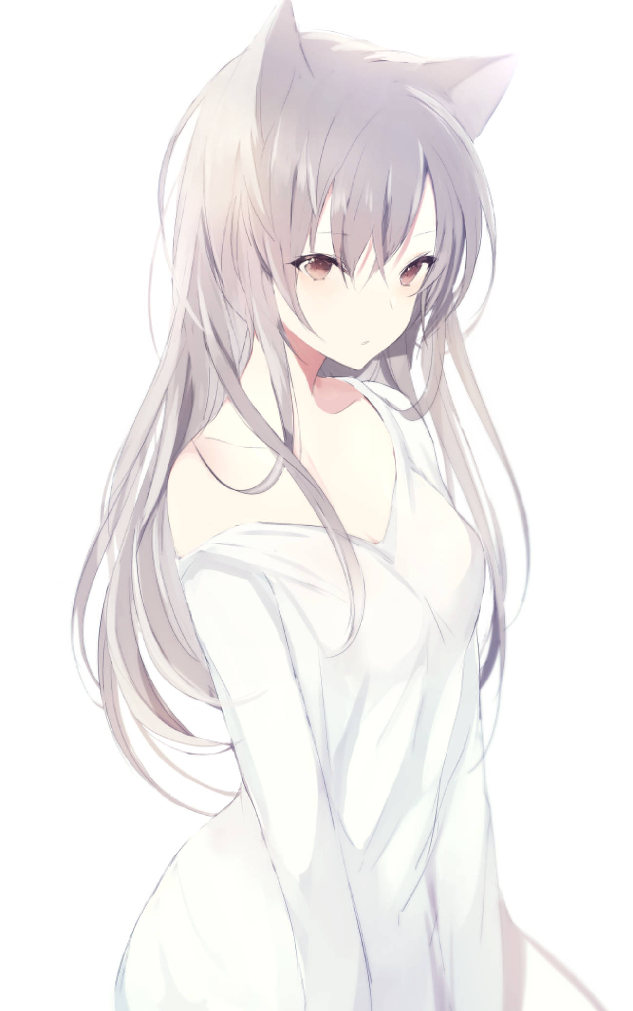 White Anime 桌布 壁紙 — 一位銀髮貓耳、身穿白色連衣裙的寧靜動漫女孩，背景為純白色。