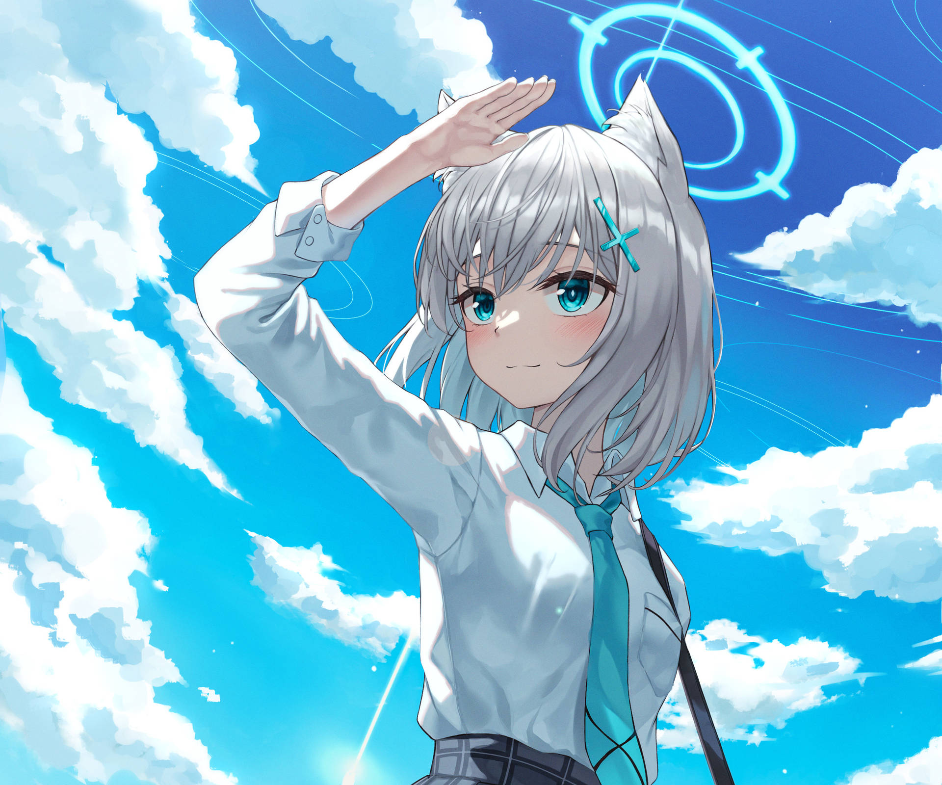 銀髮貓耳的動漫女孩在藍天白雲和霓虹漩渦下敬禮。 — 電玩遊戲 GIF 壁紙