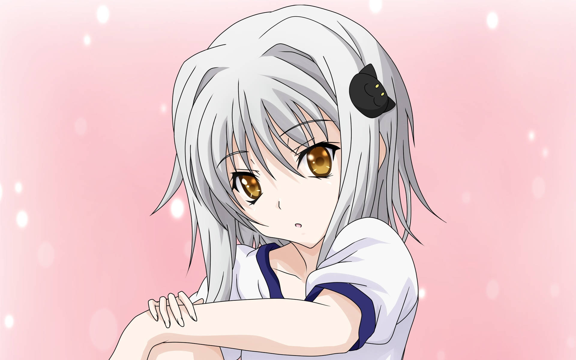 High School Dxd 桌布 壁紙 — 一位銀髮金眼、戴著黑色貓咪髮夾的動漫女孩，在柔和的粉紅色背景中，閃爍著發光粒子，擁抱著自己。