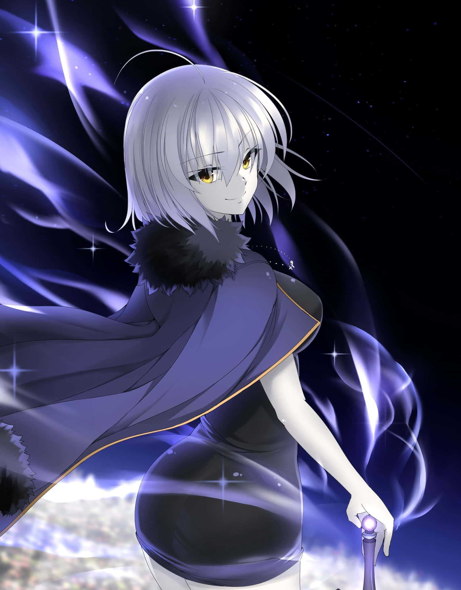 Fate/Grand Order 桌布 壁紙 — 一位銀髮金瞳的動漫女孩微笑著，手持發光法杖，背景是星光燦爛的宇宙。