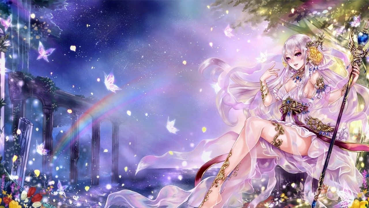Fantasy Anime 桌布 壁紙 — 一位銀髮閃耀的動漫女神，在星光暮色下優雅地坐在發光的蝴蝶和鮮豔的彩虹之間。