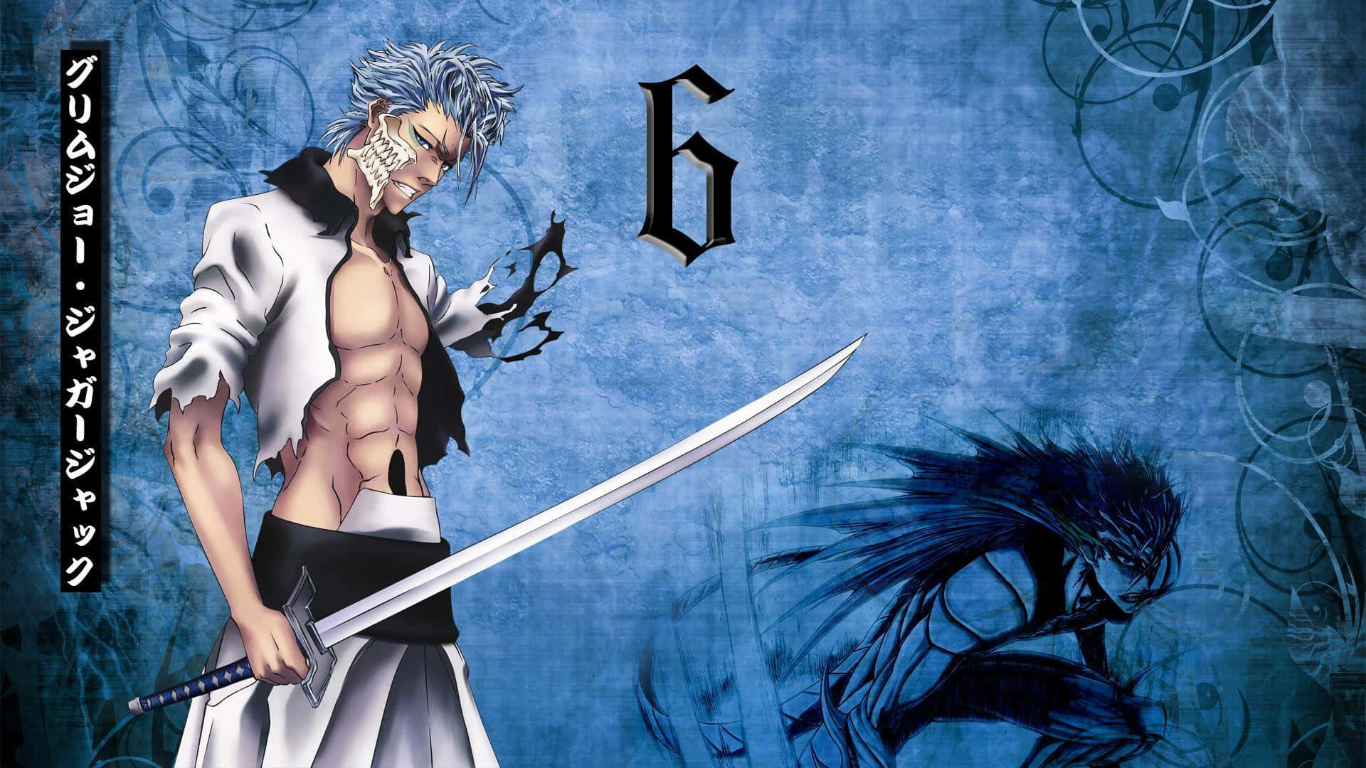 Grimmjow Jaegerjaquez 桌布 壁紙 — 一位銀髮骷髏臉的動漫戰士，在紋理藍色背景上揮劍對抗一個黑暗的影子人物。