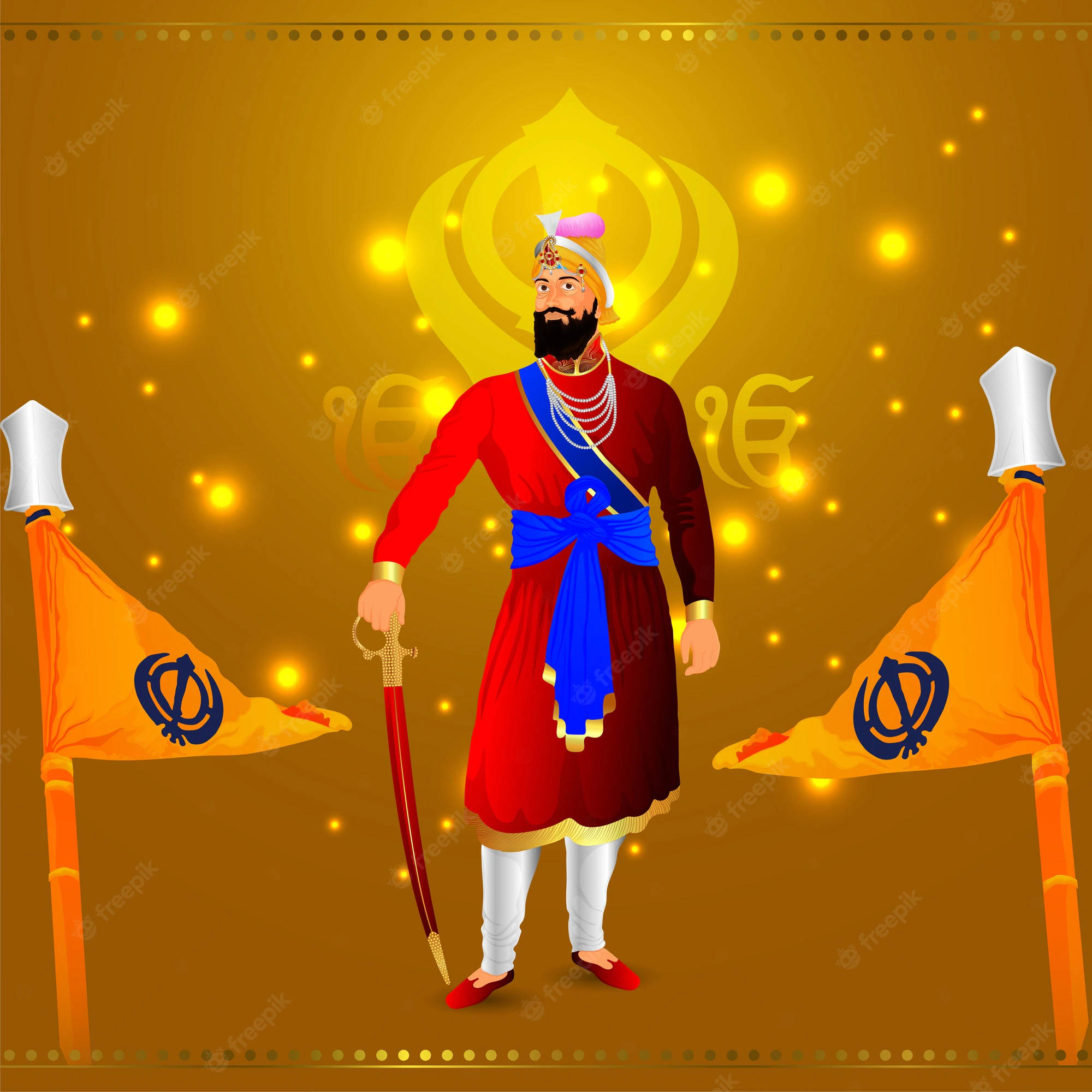 Guru Gobind Singh Ji 桌布 壁紙 — 一位錫克教戰士身穿紅藍色禮服，自豪地持劍站立，兩側有兩面帶有卡達符號的橙色旗幟，背景是發光的金色。