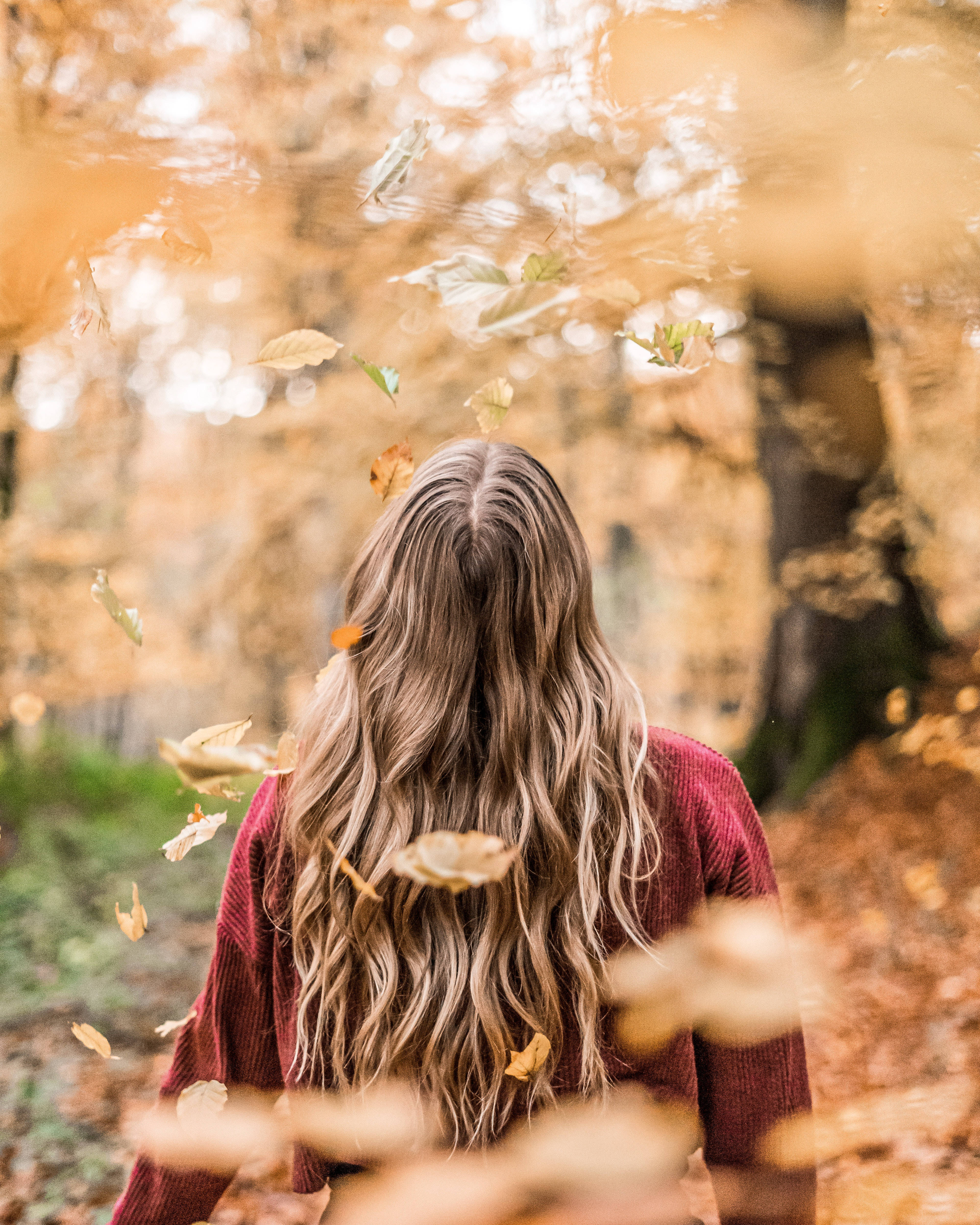 Fall Leaves 桌布 壁紙 — 一位長捲髮的女性走過森林，金色秋葉在她周圍柔和地旋轉。