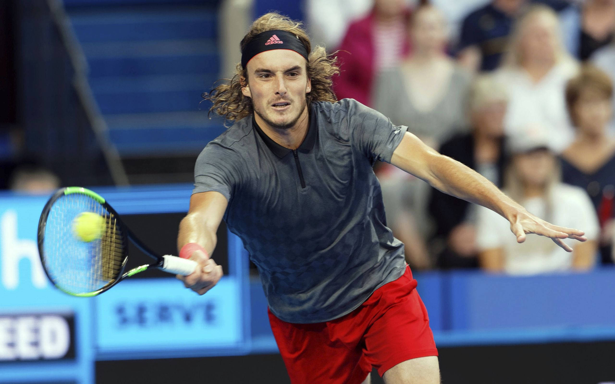 Tennis 桌布 壁紙 — 一位長捲髮的男性網球選手在激烈的比賽中揮拍擊打黃色網球。