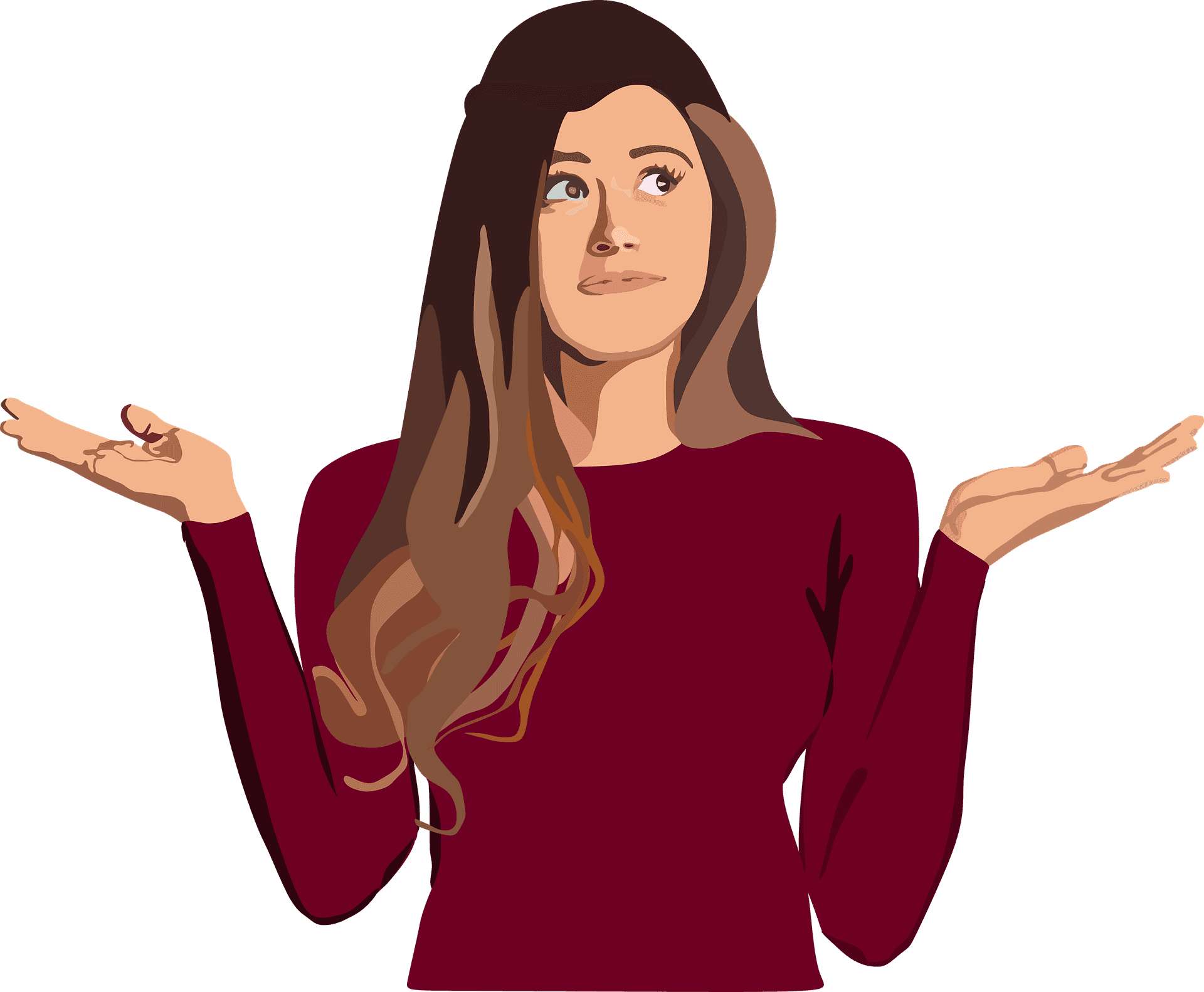 Woman 桌布 壁紙 — 一位長棕色頭髮的女性，穿著栗色毛衣，在黑色背景前攤開手掌聳肩。