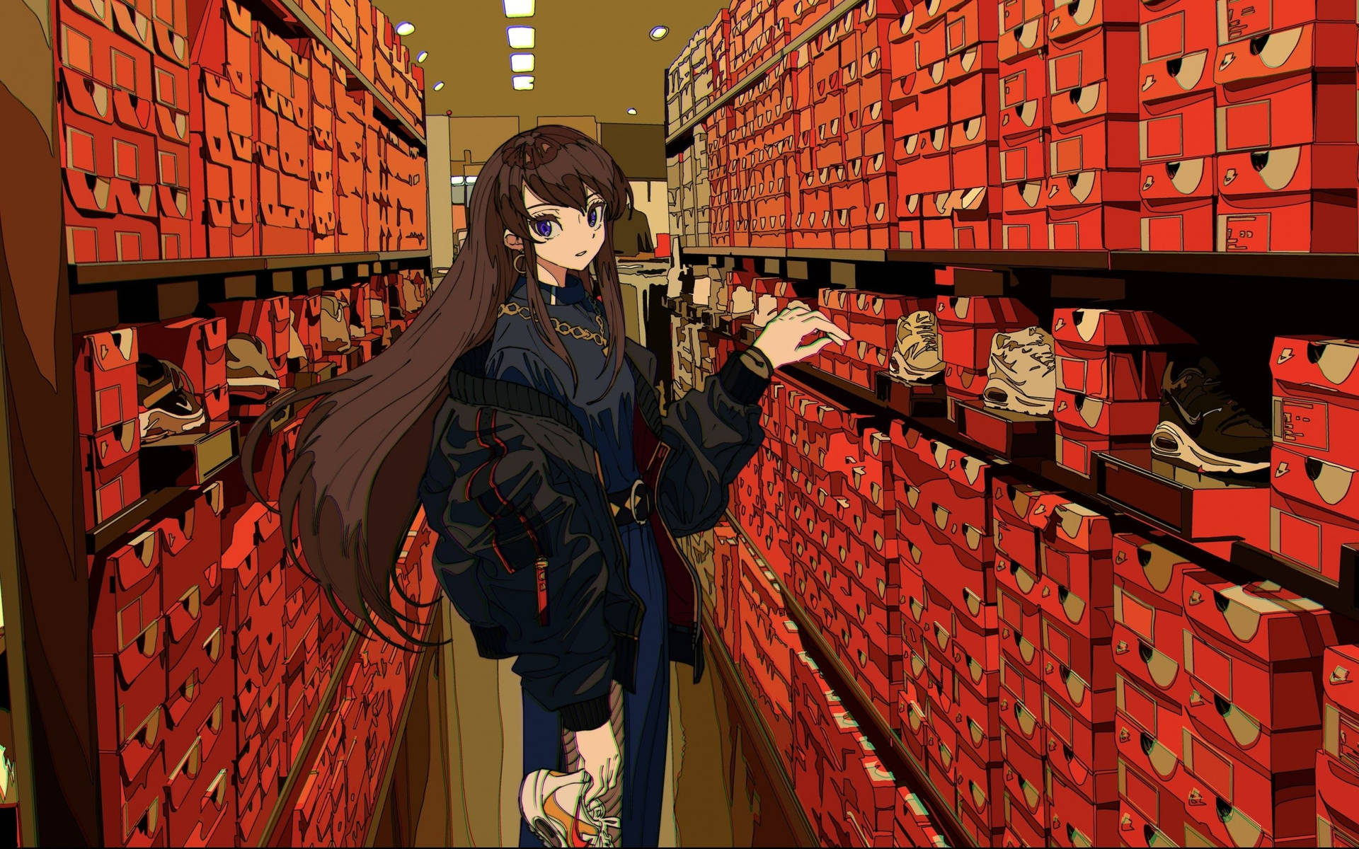 Nike 桌布 壁紙 — 一位長棕髮的動漫女孩在光線明亮的商店走道上瀏覽紅色鞋盒。