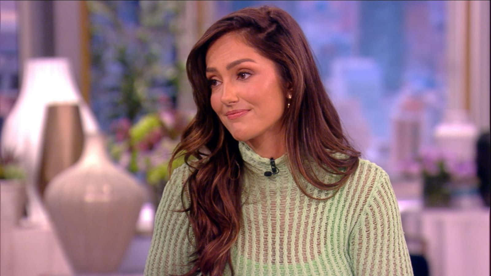 minka kelly 桌布 壁紙 — 一位長棕髮的女性在柔和燈光的脫口秀場景中，穿著淺綠色紋理毛衣，溫柔地微笑。
