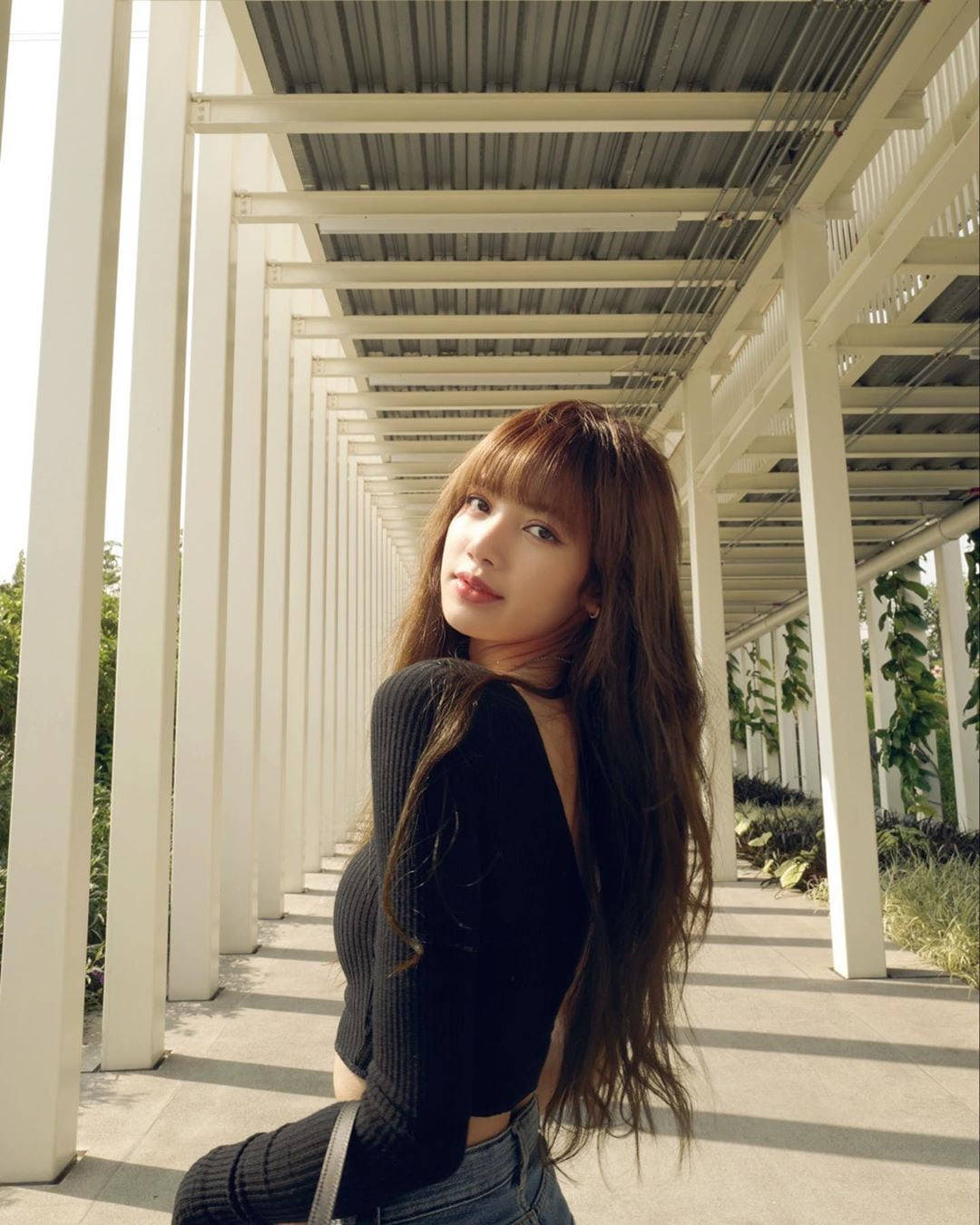 lisa 桌布 壁紙 — 一位長棕髮的年輕女性坐在白色涼棚下，涼棚在陽光燦爛的日子投下條紋狀的陰影。