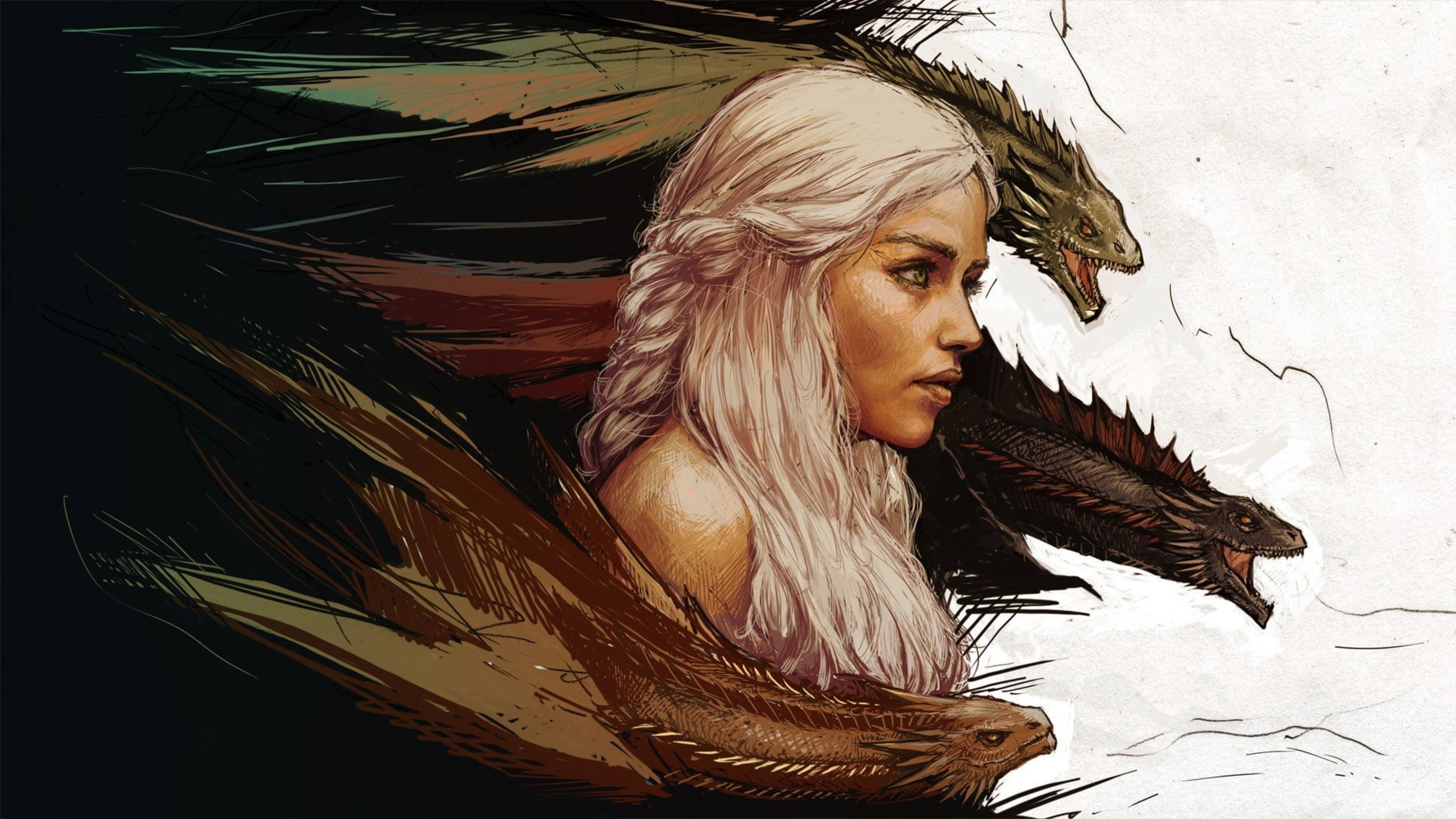 daenerys 桌布 壁紙 — 一位長白髮的兇猛女性在戲劇性的插圖場景中被三條咆哮的龍夾擊。