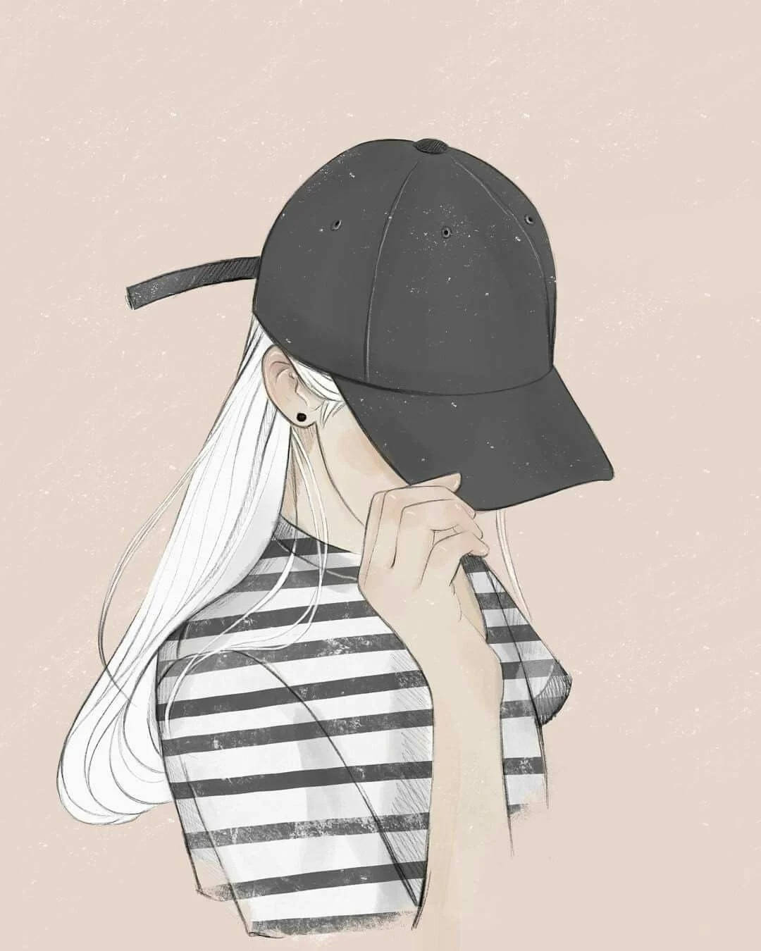 Cool Girl Cartoon 桌布 壁紙 — 一位長白髮的年輕人戴著黑色帽子，穿著條紋襯衫，手靠近臉部，背景是柔和的粉紅色。