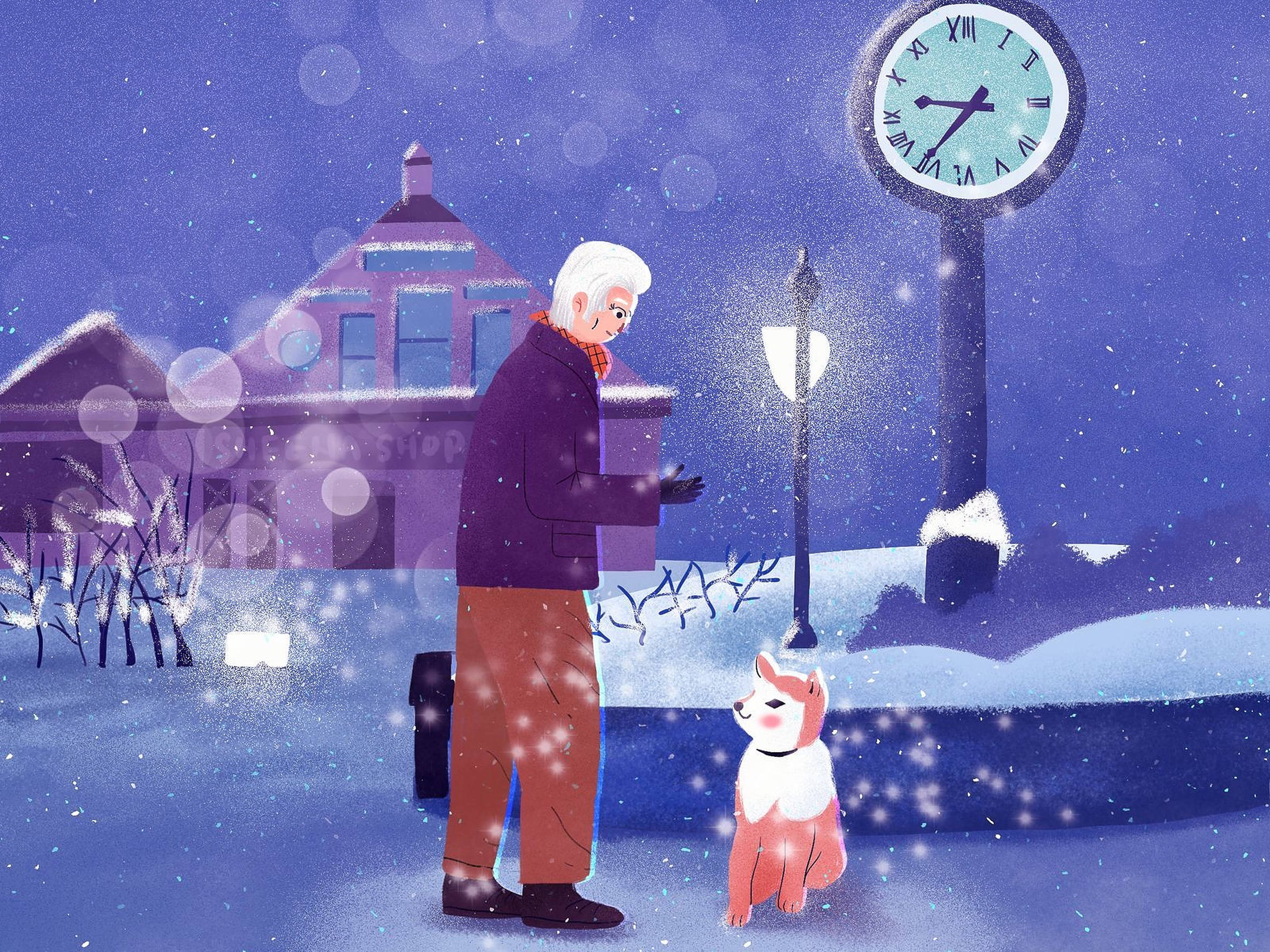 李察·基爾 桌布 壁紙 — 一位長者和他的狐狸狗站在白雪覆蓋的城鎮廣場上，發光的鐘樓下，雪花在夜晚飄落。