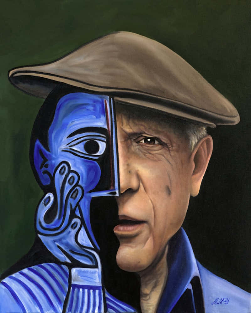 Picasso 桌布 壁紙 — 一位長者的分割肖像，一半以超現實藍色立體主義風格呈現，另一半則以寫實色調描繪。