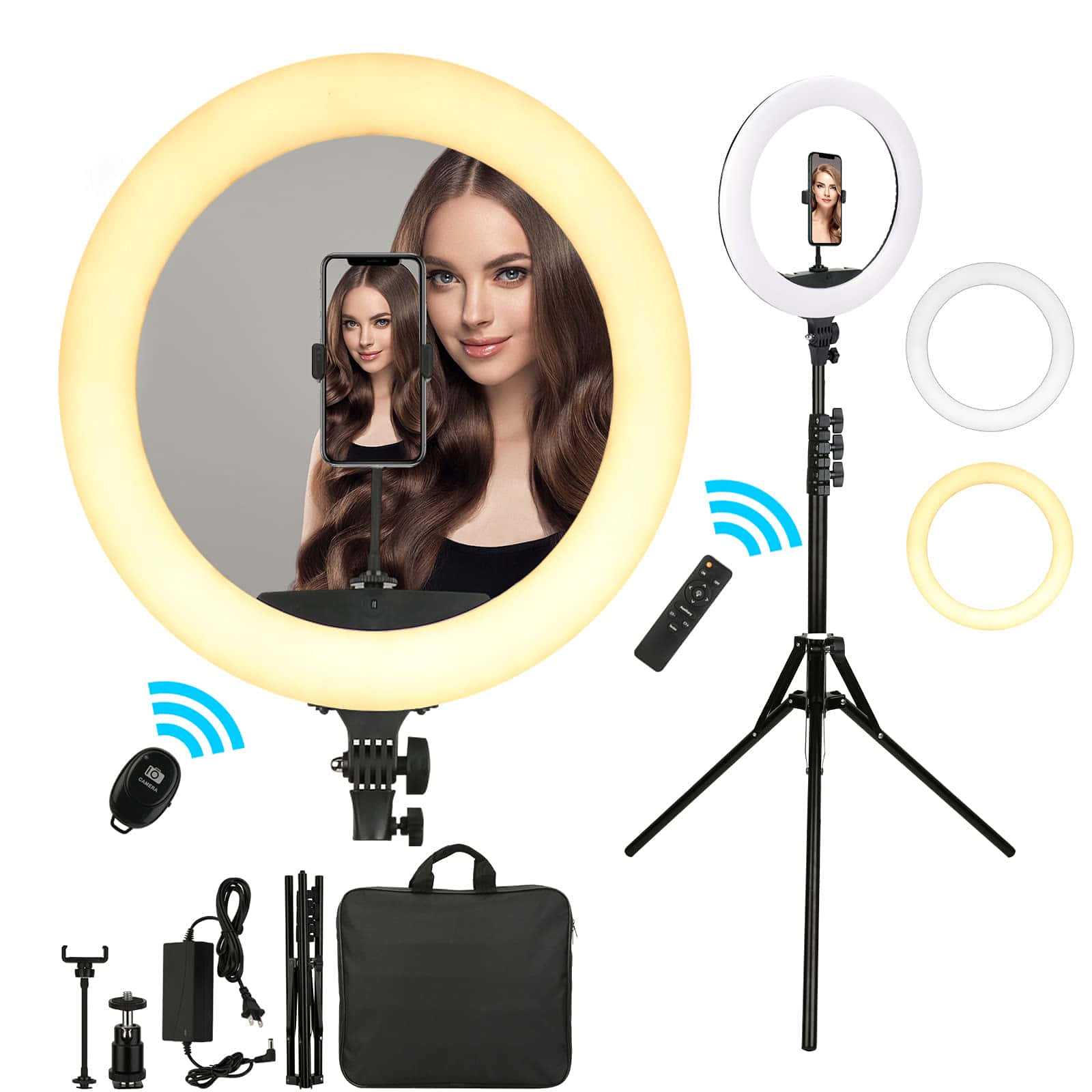 Ring Light 桌布 壁紙 — 一位長著棕色長髮的女性在發光的黃色環形燈下微笑，同時她的手機正在拍攝自拍照。