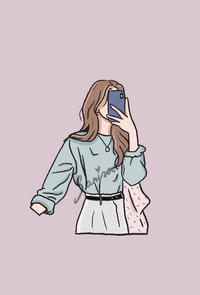 Cool Girl Cartoon 桌布 壁紙 — 一位長著棕色長髮的年輕女性，穿著淺藍色毛衣，在柔和的淡紫色背景前自拍。