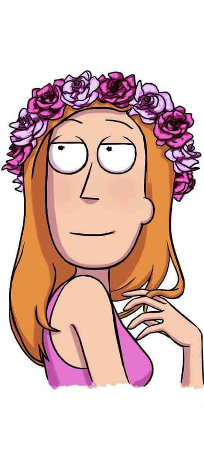 Summer Smith 桌布 壁紙 — 一位長著橙色長髮的卡通女性，戴著紫色玫瑰皇冠，穿著粉紅色上衣，側視著。