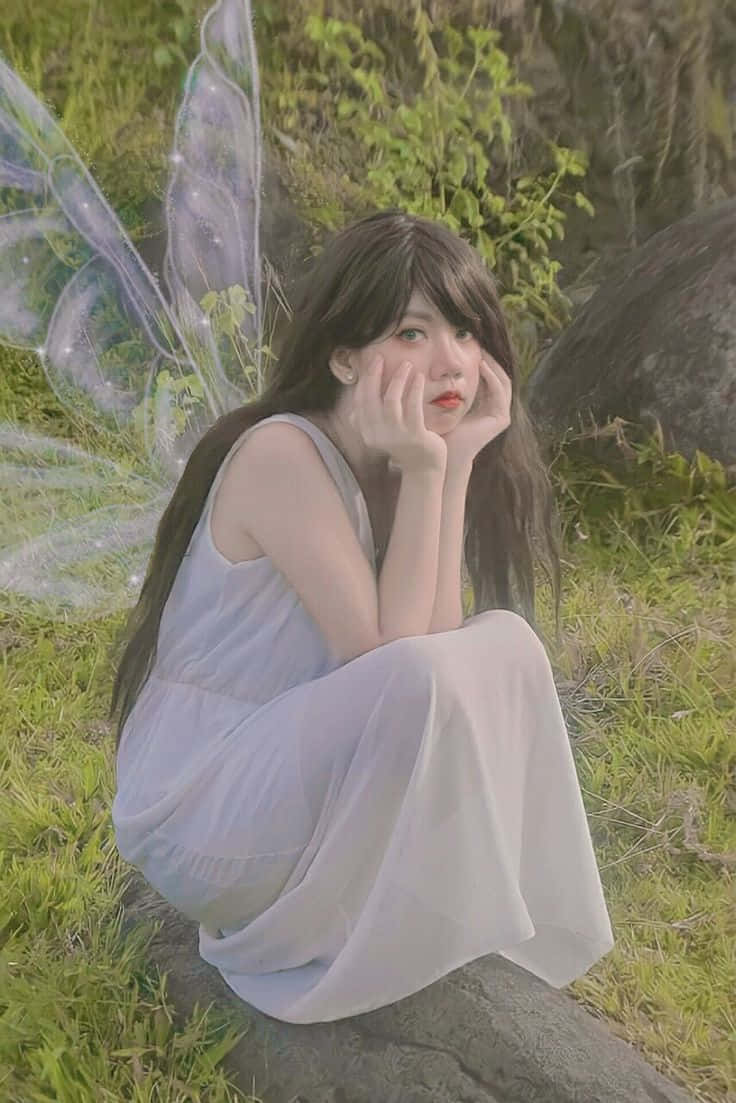 仙女美學 桌布 壁紙 — 一位長著深色長髮和半透明仙女翅膀的年輕女子，若有所思地坐在陽光普照的森林空地上長滿苔蘚的石頭上。