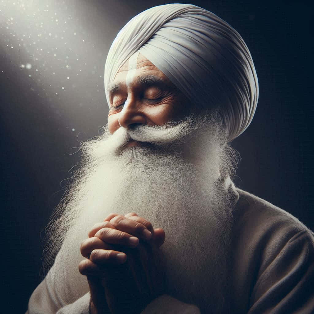 Sikh Man Pray 壁紙 — 一位長著白色長鬍鬚、戴著頭巾的年長錫克教男子，在柔和的神聖光芒下合十祈禱。